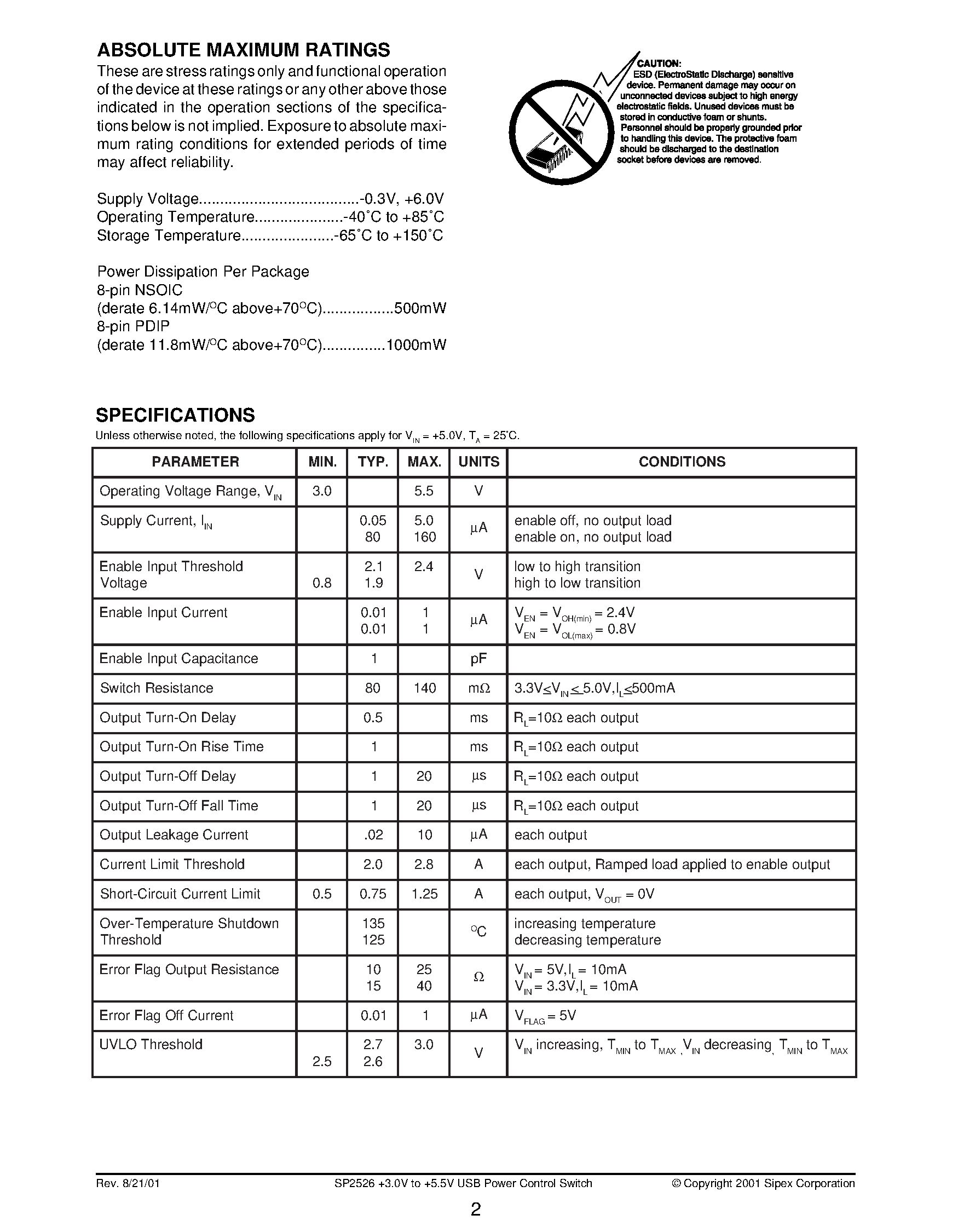 Datasheet SP2526 - +3.0V to +5.5V USB Power Control Switch page 2