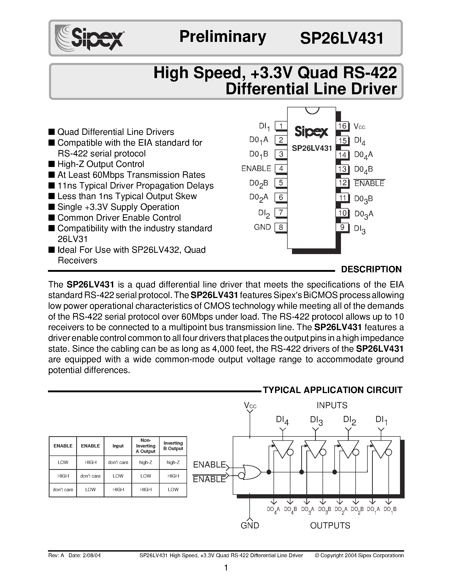 Datasheet SP26LV431 - High Speed / +3.3V Quad RS-422 Differential Line Driver page 1