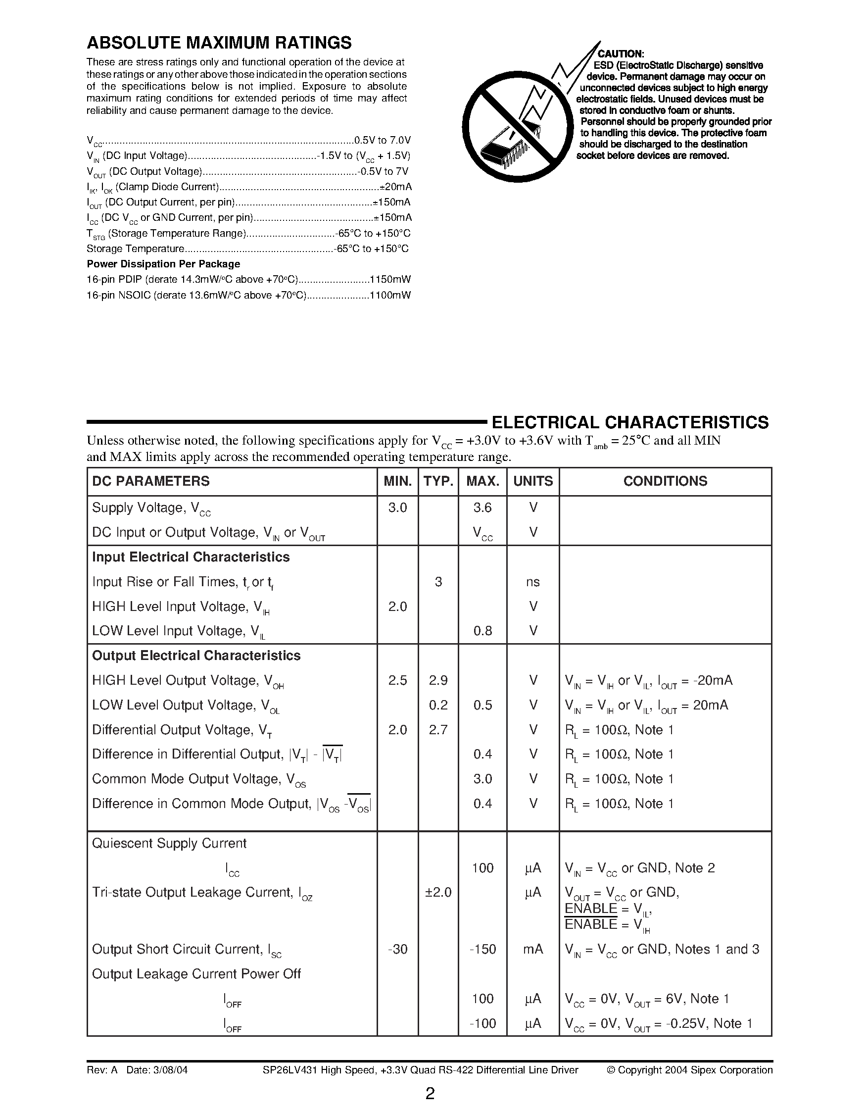 Datasheet SP26LV431 - High Speed / +3.3V Quad RS-422 Differential Line Driver page 2