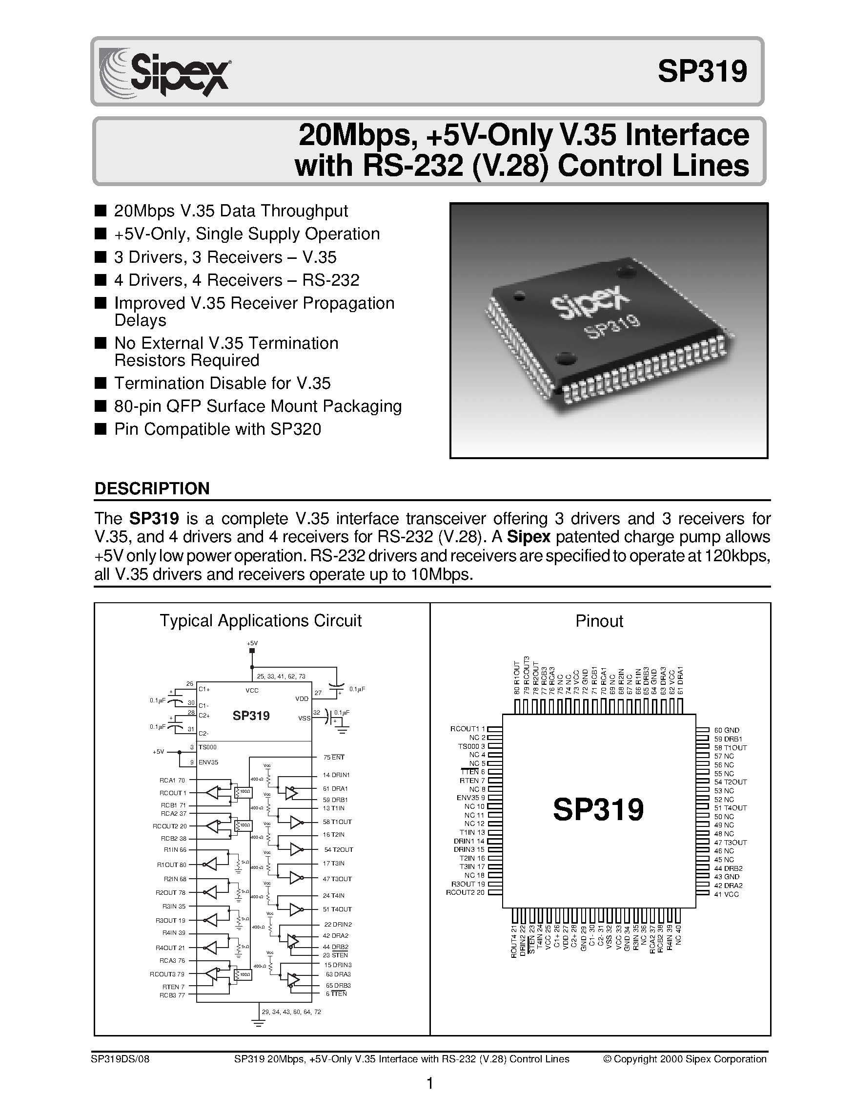 Datasheet SP319CF - 20Mbps / 5V-Only V.35 Interface with RS-232 V.28 Control Lines page 1