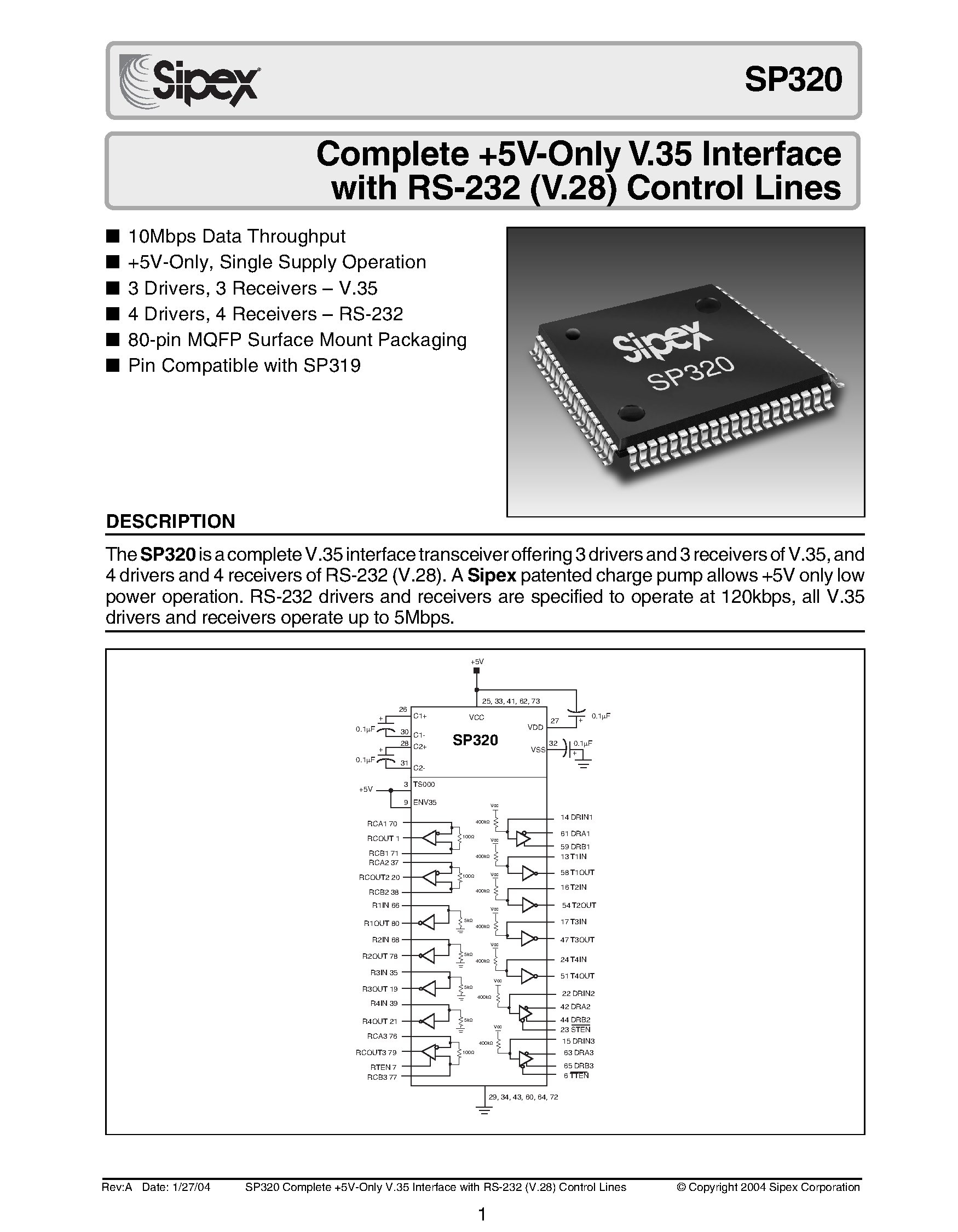 Datasheet SP320 - Complete +5V-Only V.35 Interface with RS-232 (V.28) Control Lines page 1