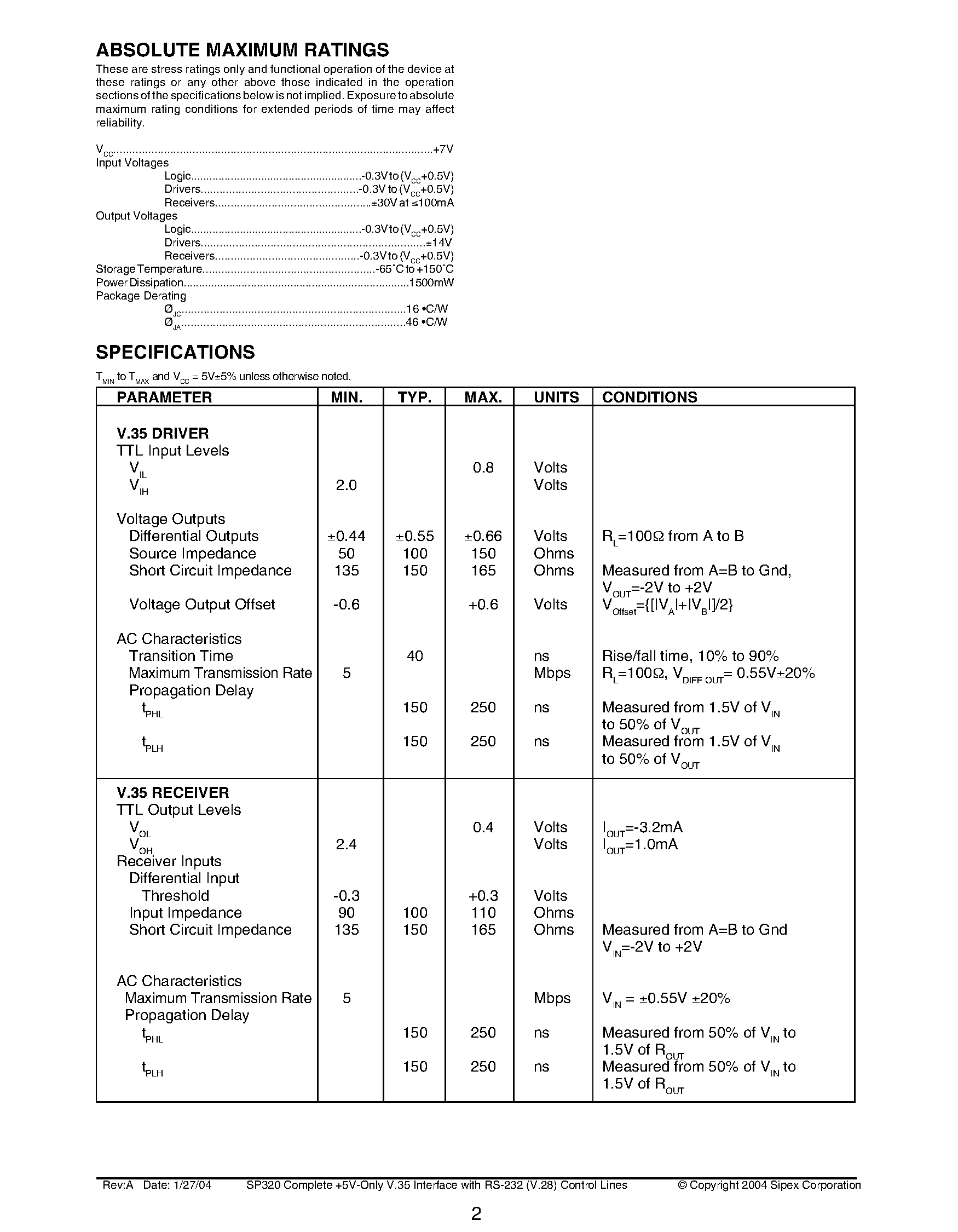 Datasheet SP320 - Complete +5V-Only V.35 Interface with RS-232 (V.28) Control Lines page 2
