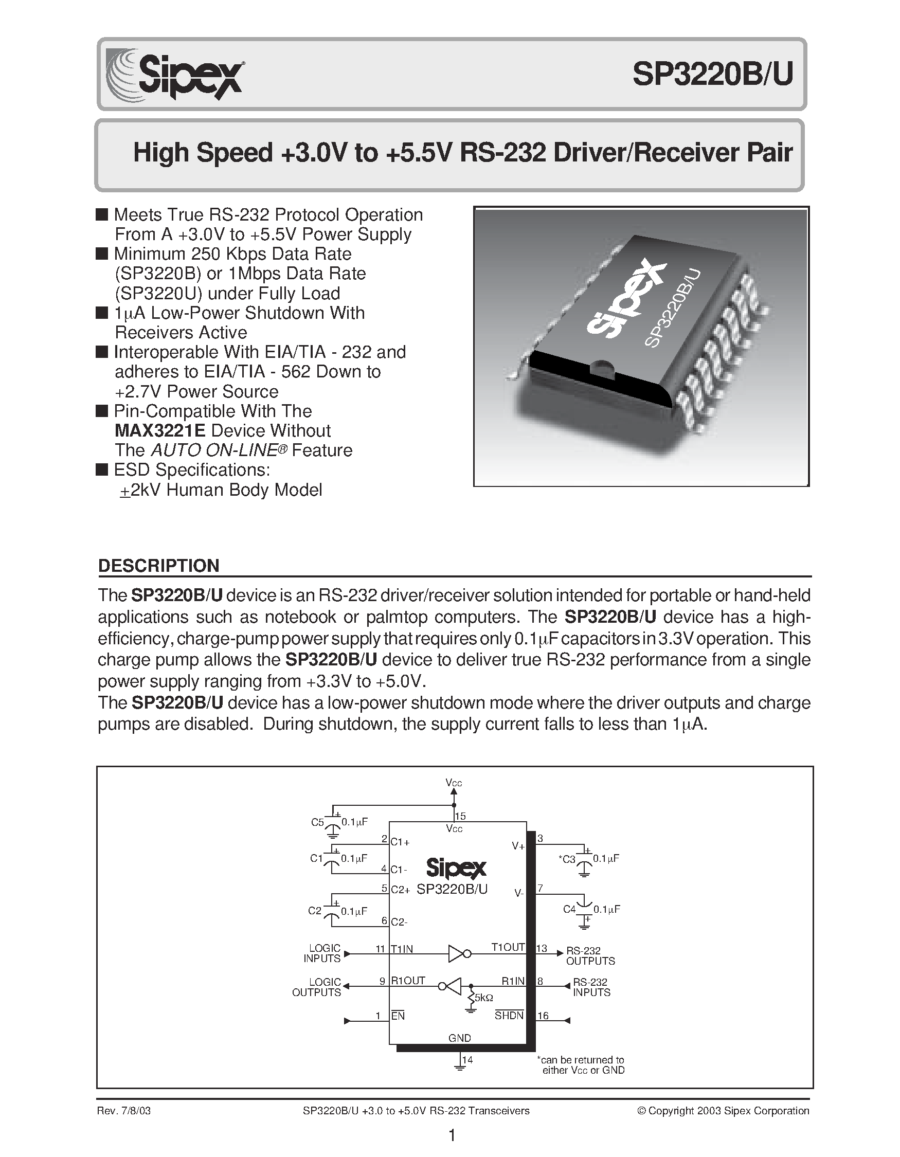 Datasheet SP3220B page 1 Datasheet SP3220B - High Speed +3.0V to +5.5V RS-232 Driver/Receiver Pair page 1