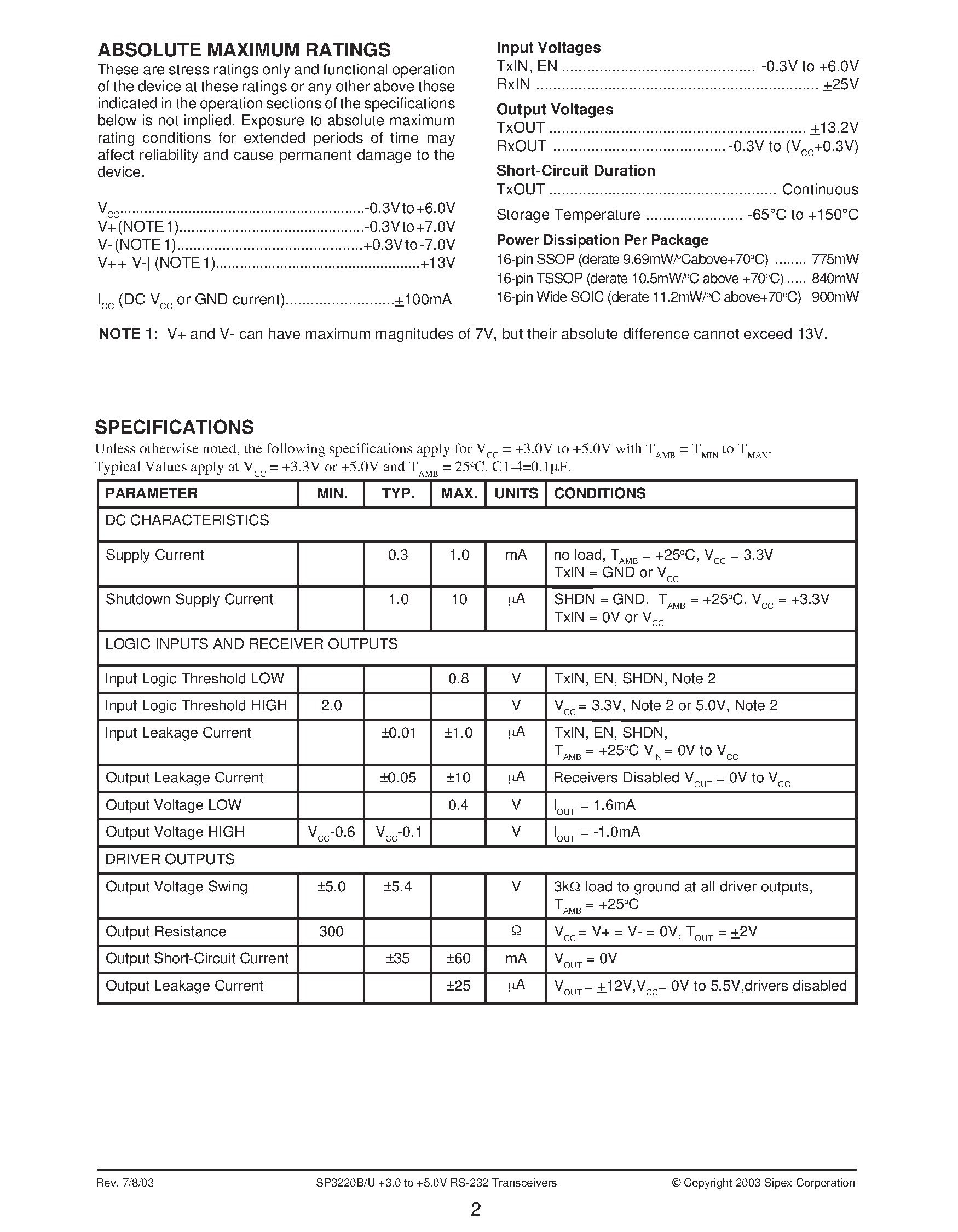 Datasheet SP3220B page 2 Datasheet SP3220B - High Speed +3.0V to +5.5V RS-232 Driver/Receiver Pair page 2