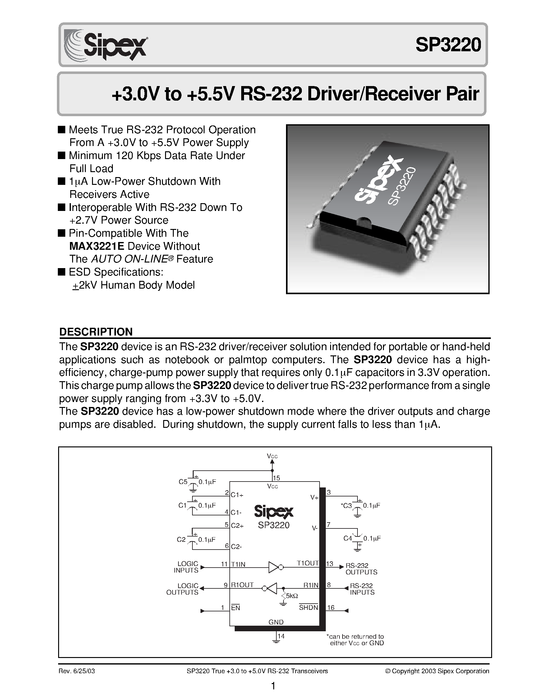 Datasheet SP3220CT page 1 Datasheet SP3220CT - +3.0V to +5.5V RS-232 Driver/Receiver Pair page 1