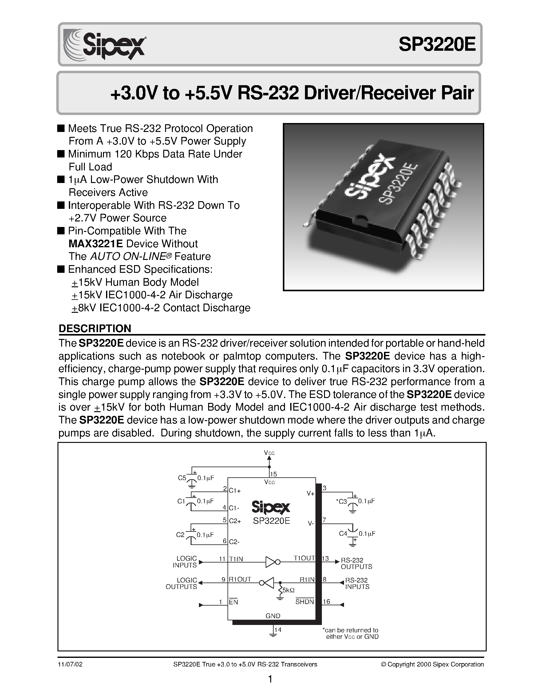 Datasheet SP3220E - +3.0V to +5.5V RS-232 Driver/Receiver Pair page 1