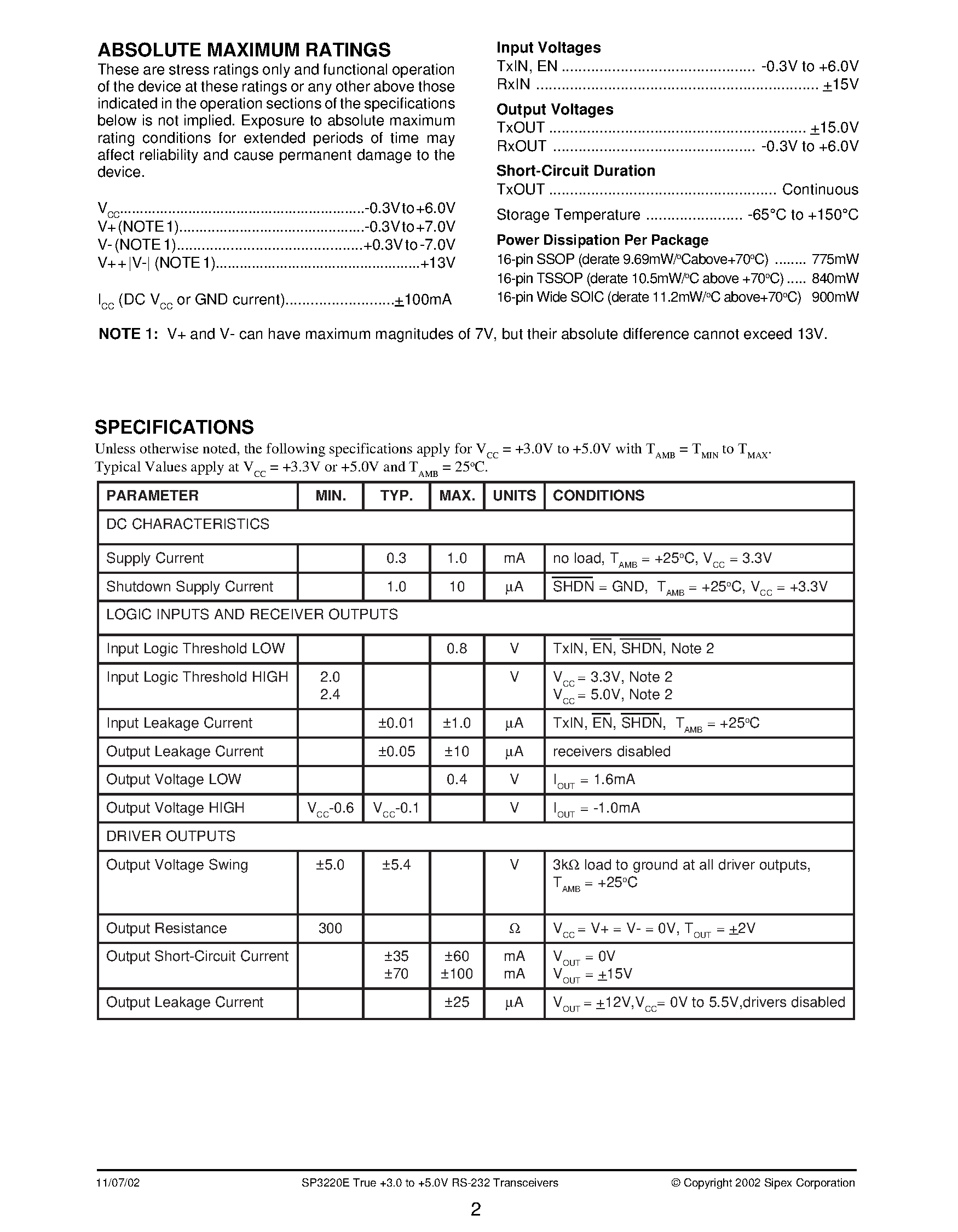 Datasheet SP3220E - +3.0V to +5.5V RS-232 Driver/Receiver Pair page 2