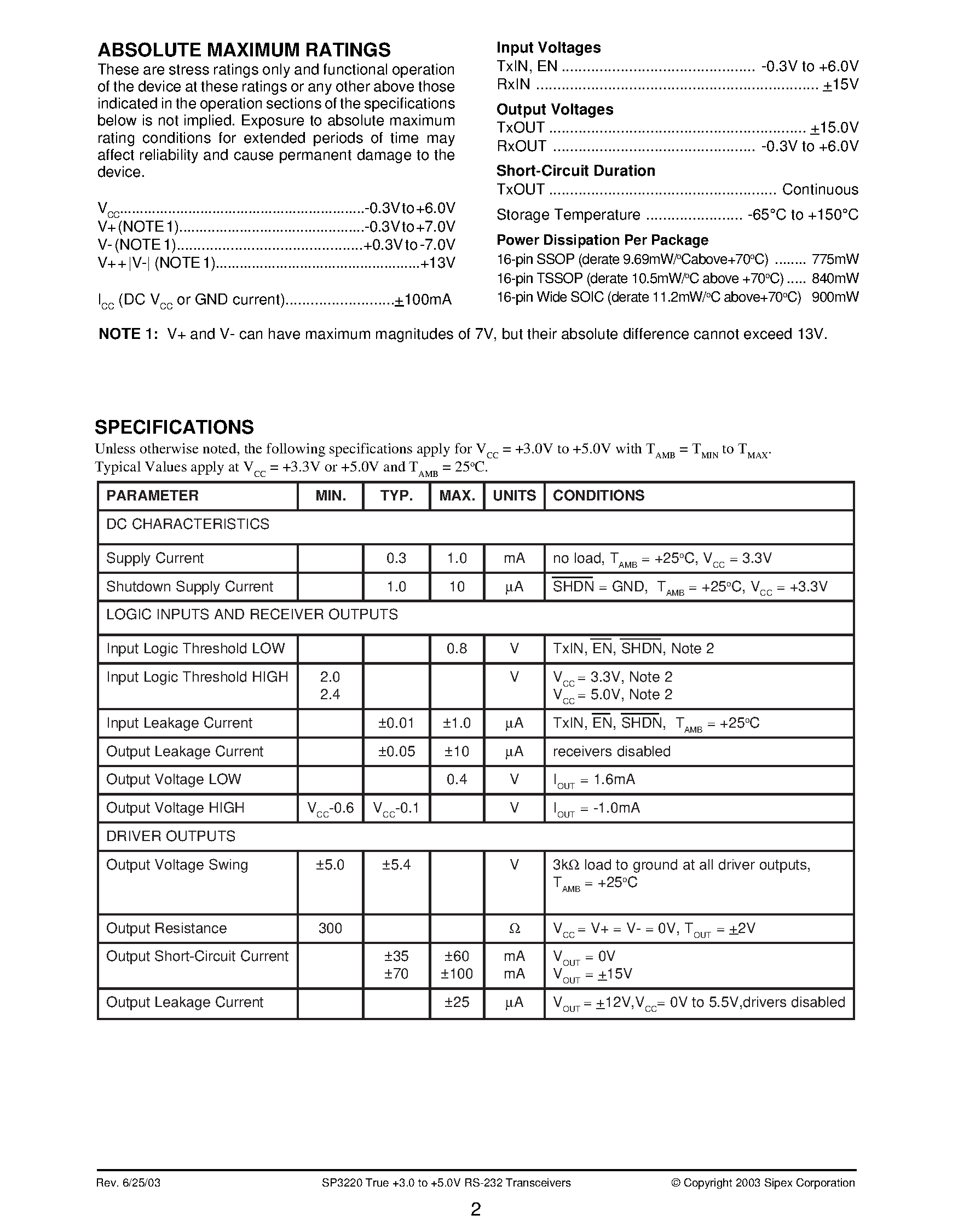 Datasheet SP3220EA page 2 Datasheet SP3220EA - +3.0V to +5.5V RS-232 Driver/Receiver Pair page 2