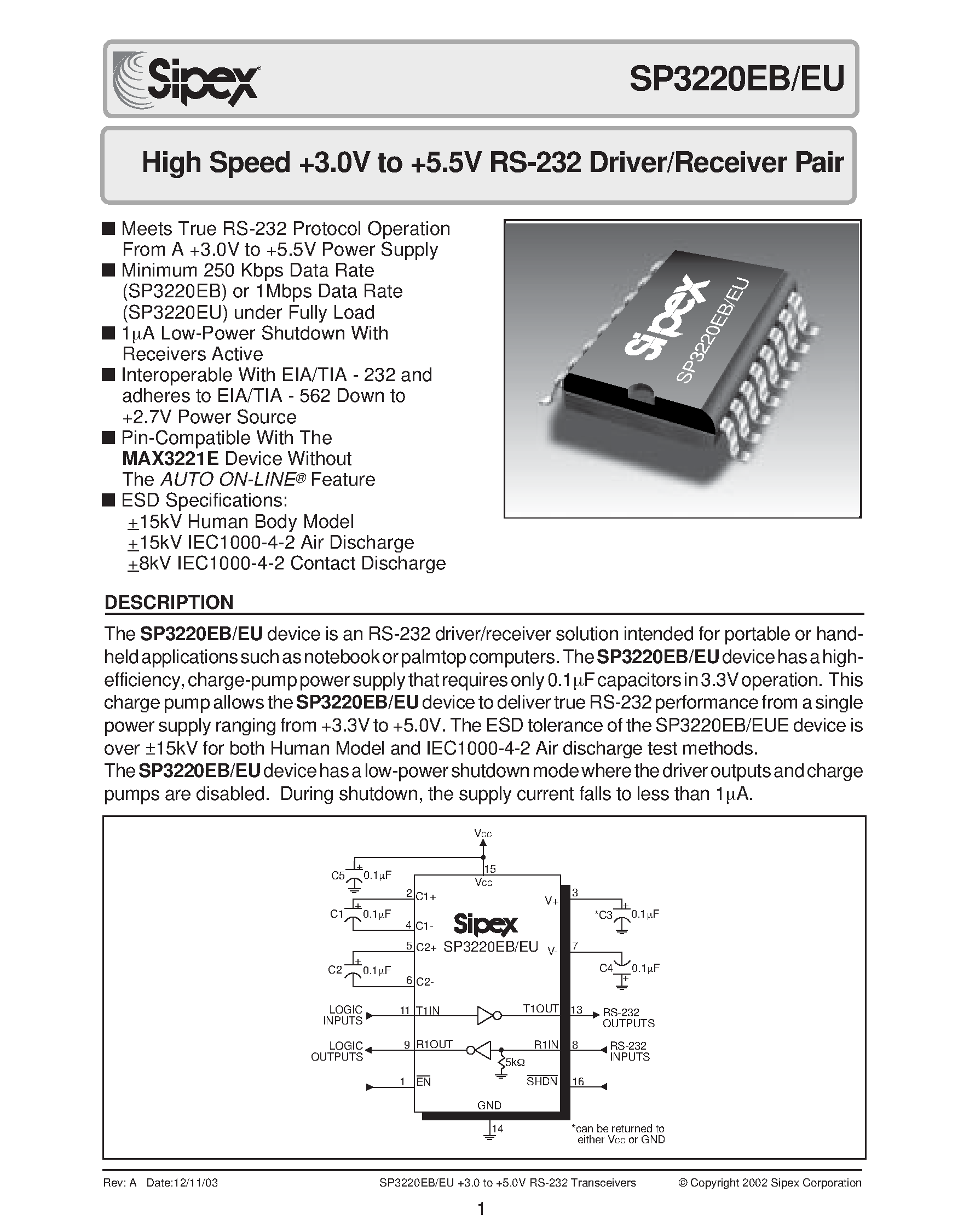 Datasheet SP3220EB - High Speed +3.0V to +5.5V RS-232 Driver/Receiver Pair page 1