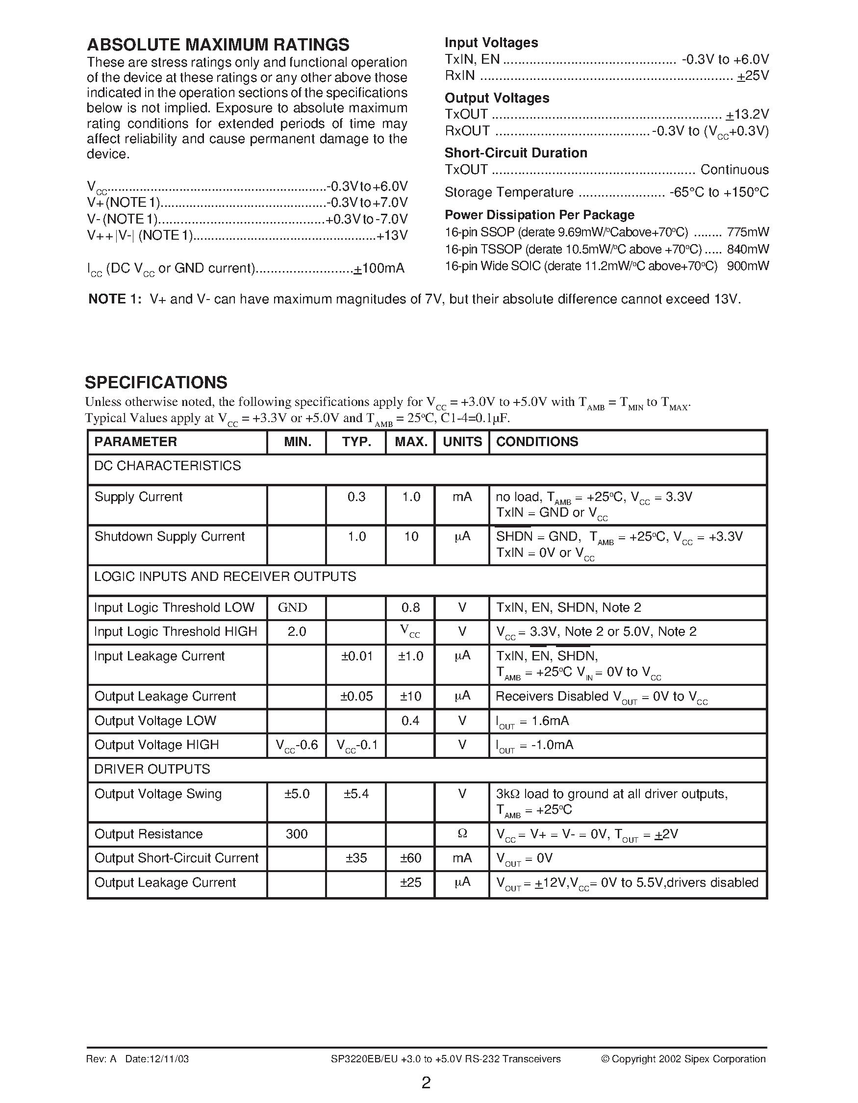 Datasheet SP3220EB - High Speed +3.0V to +5.5V RS-232 Driver/Receiver Pair page 2