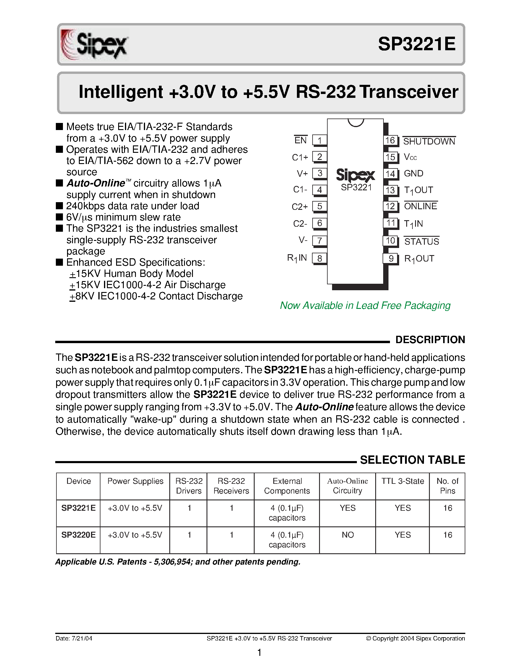 Datasheet SP3221E page 1 Datasheet SP3221E - Intelligent +3.0V to +5.5V RS-232 Transceiver page 1