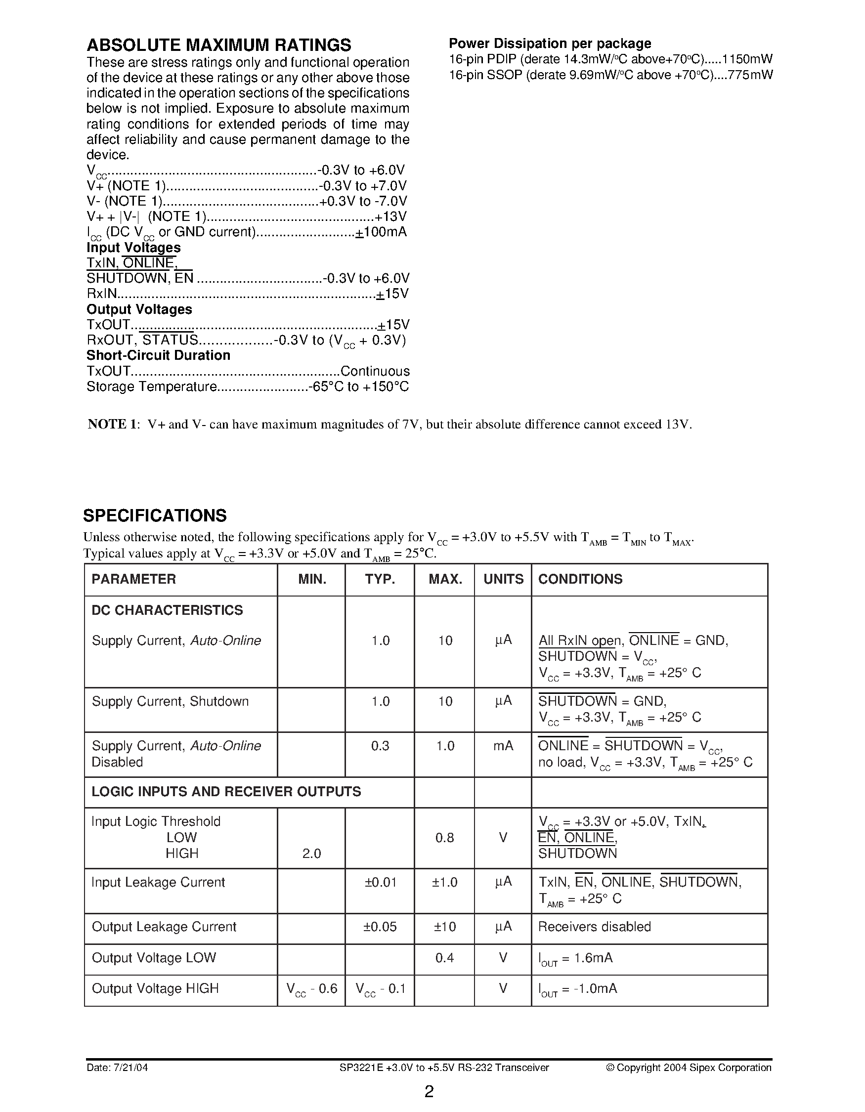 Datasheet SP3221E page 2 Datasheet SP3221E - Intelligent +3.0V to +5.5V RS-232 Transceiver page 2