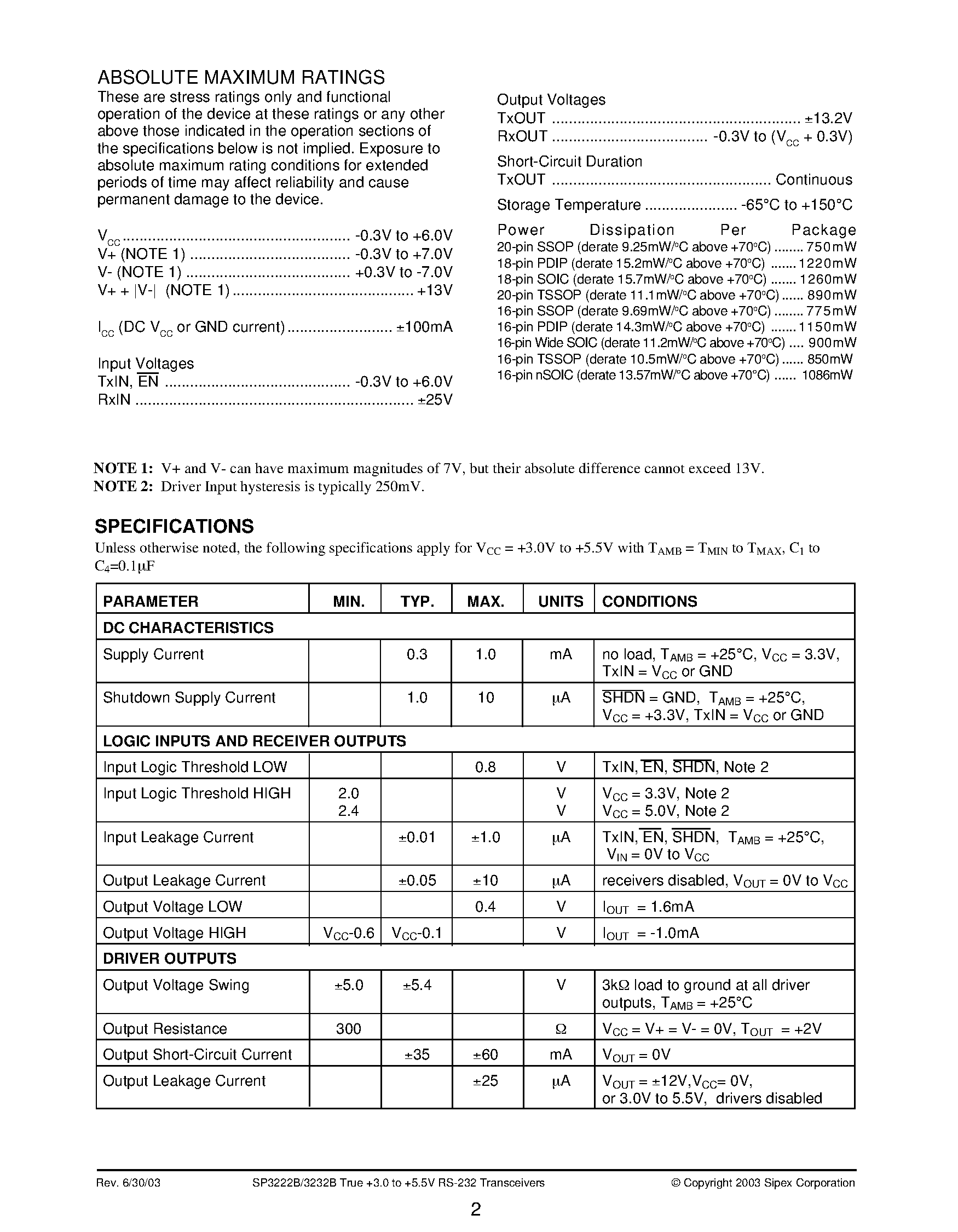 Datasheet SP3222B - True +3.0V to +5.5V RS-232 Transceivers page 2