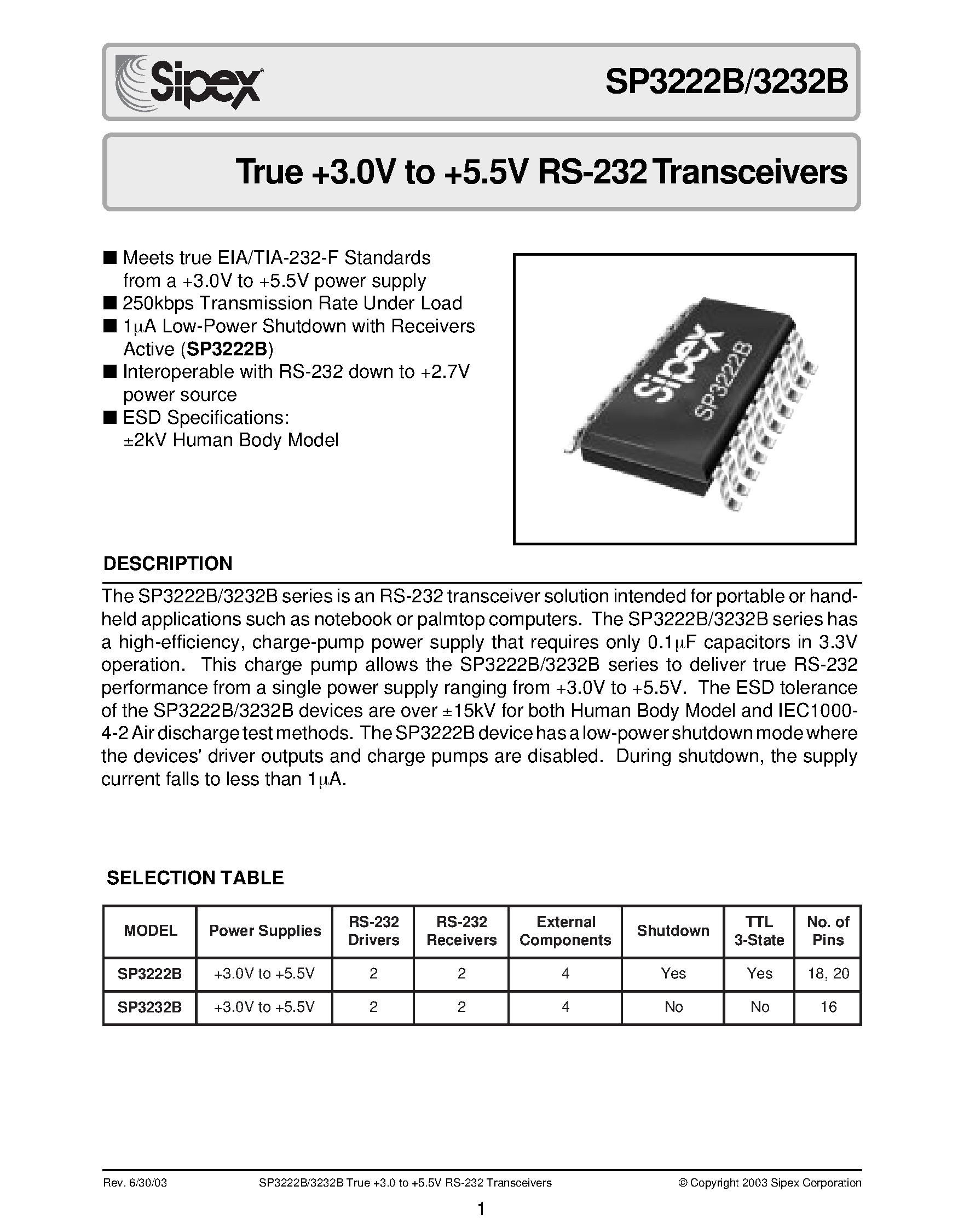 Datasheet SP3222BCY page 1 Datasheet SP3222BCY - True +3.0V to +5.5V RS-232 Transceivers page 1