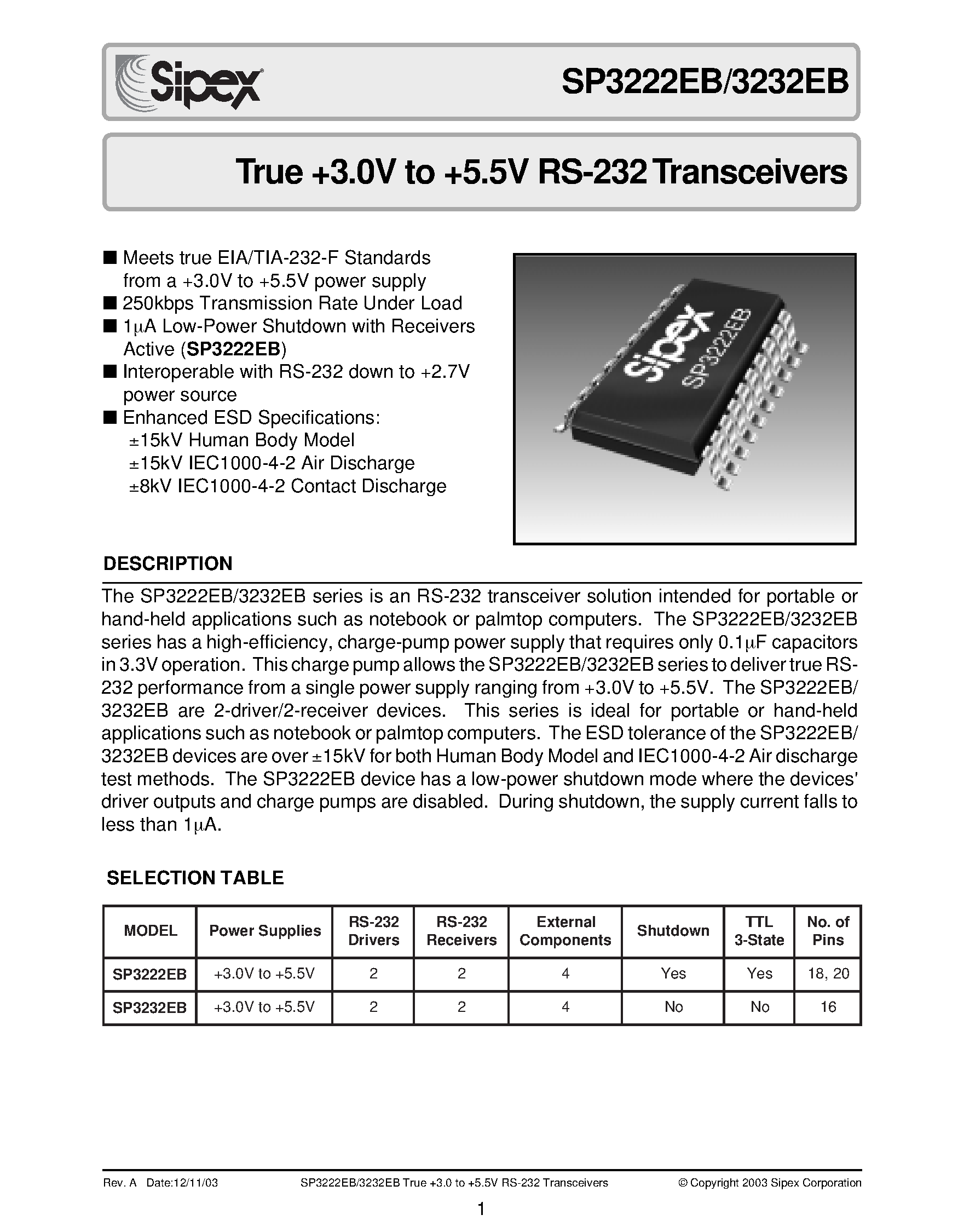 Datasheet SP3222EB - True +3.0V to +5.5V RS-232 Transceivers page 1