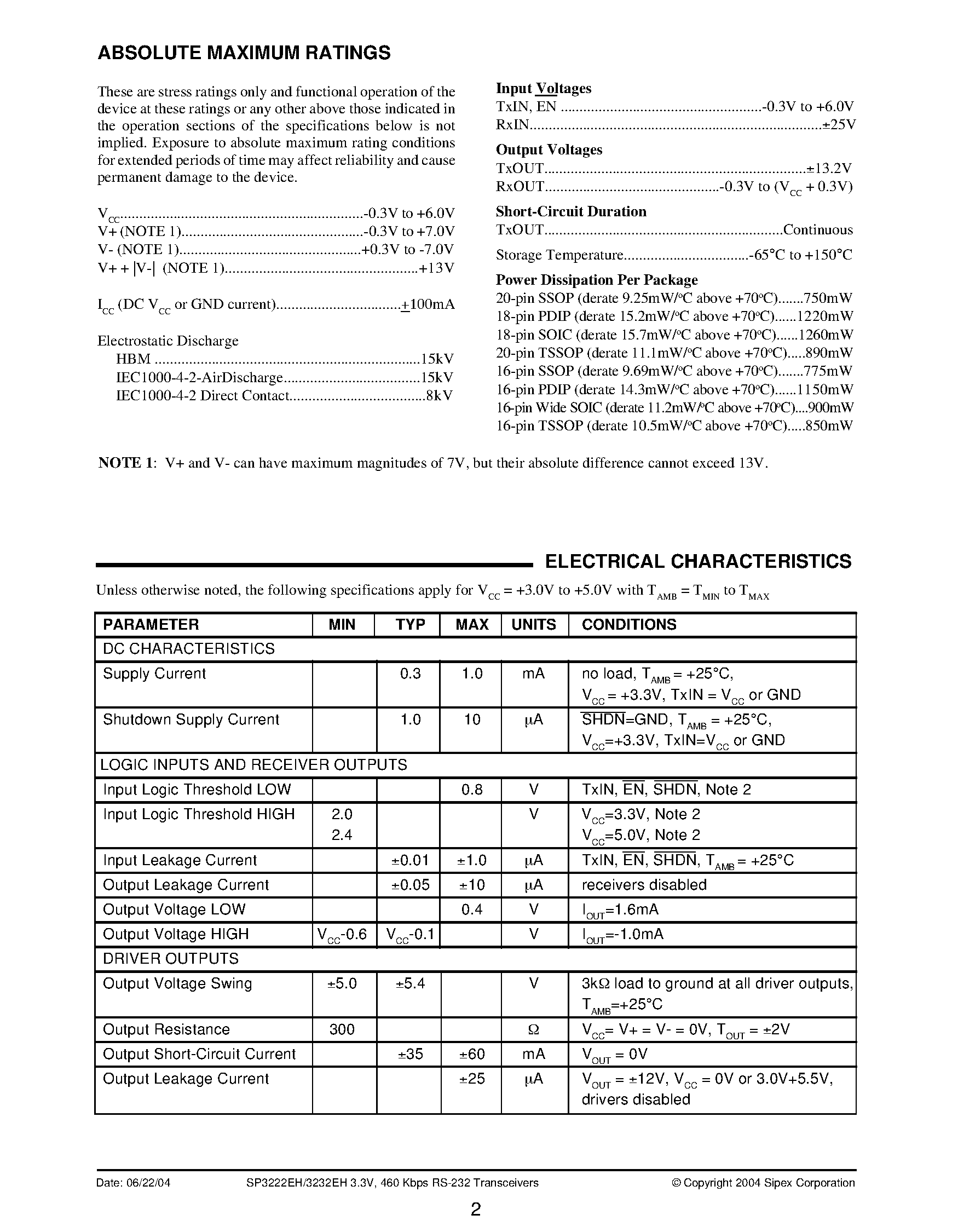 Datasheet SP3222EH - 3.3V / 460 Kbps RS-232 Transceivers page 2