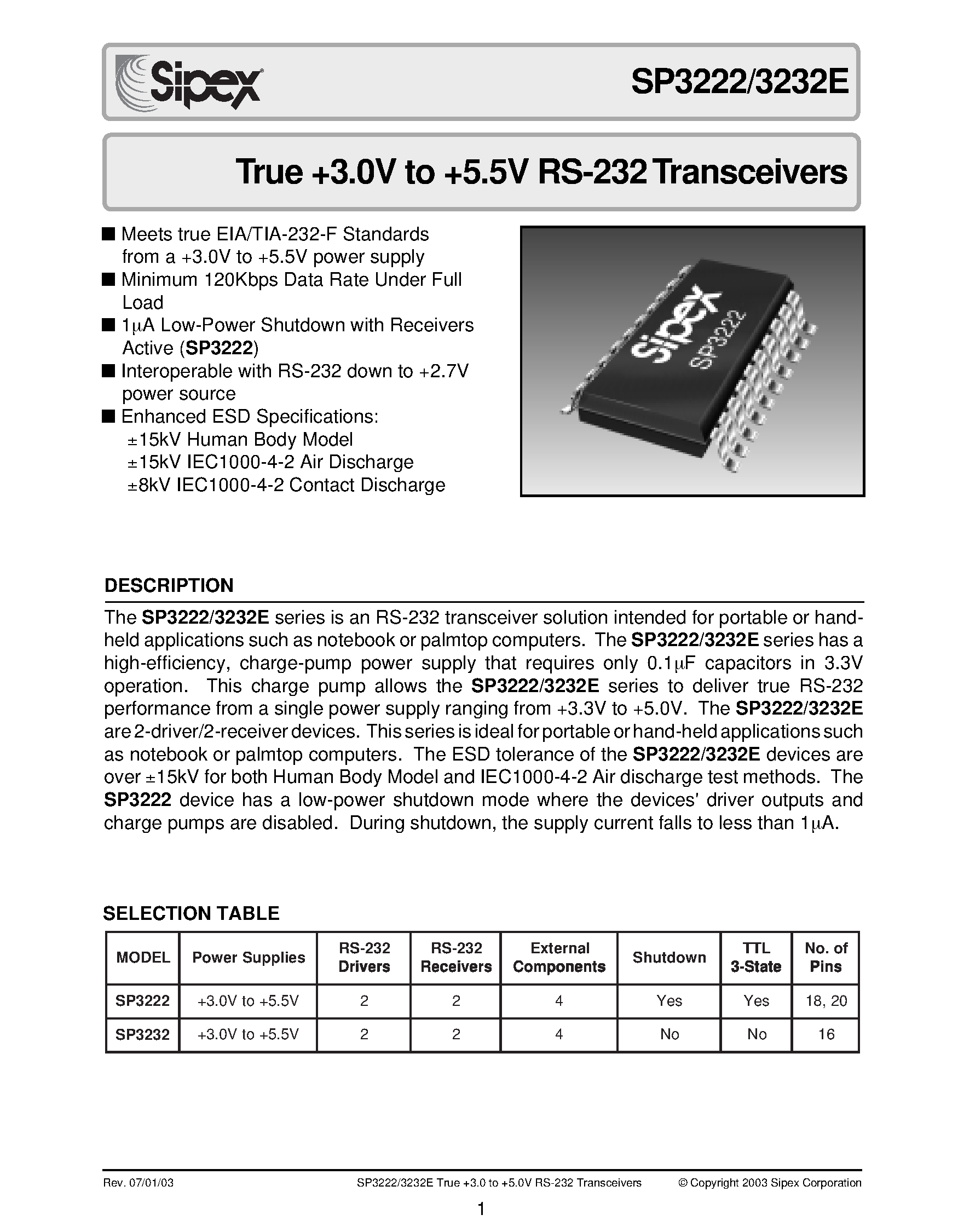 Datasheet SP3222EP page 1 Datasheet SP3222EP - True +3.0V to +5.5V RS-232 Transceivers page 1