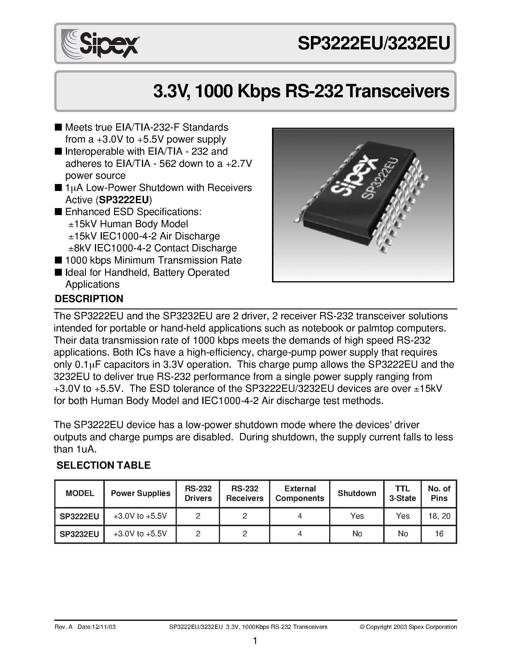Datasheet SP3222EU page 1 Datasheet SP3222EU - 3.3V / 1000 Kbps RS-232 Transceivers page 1