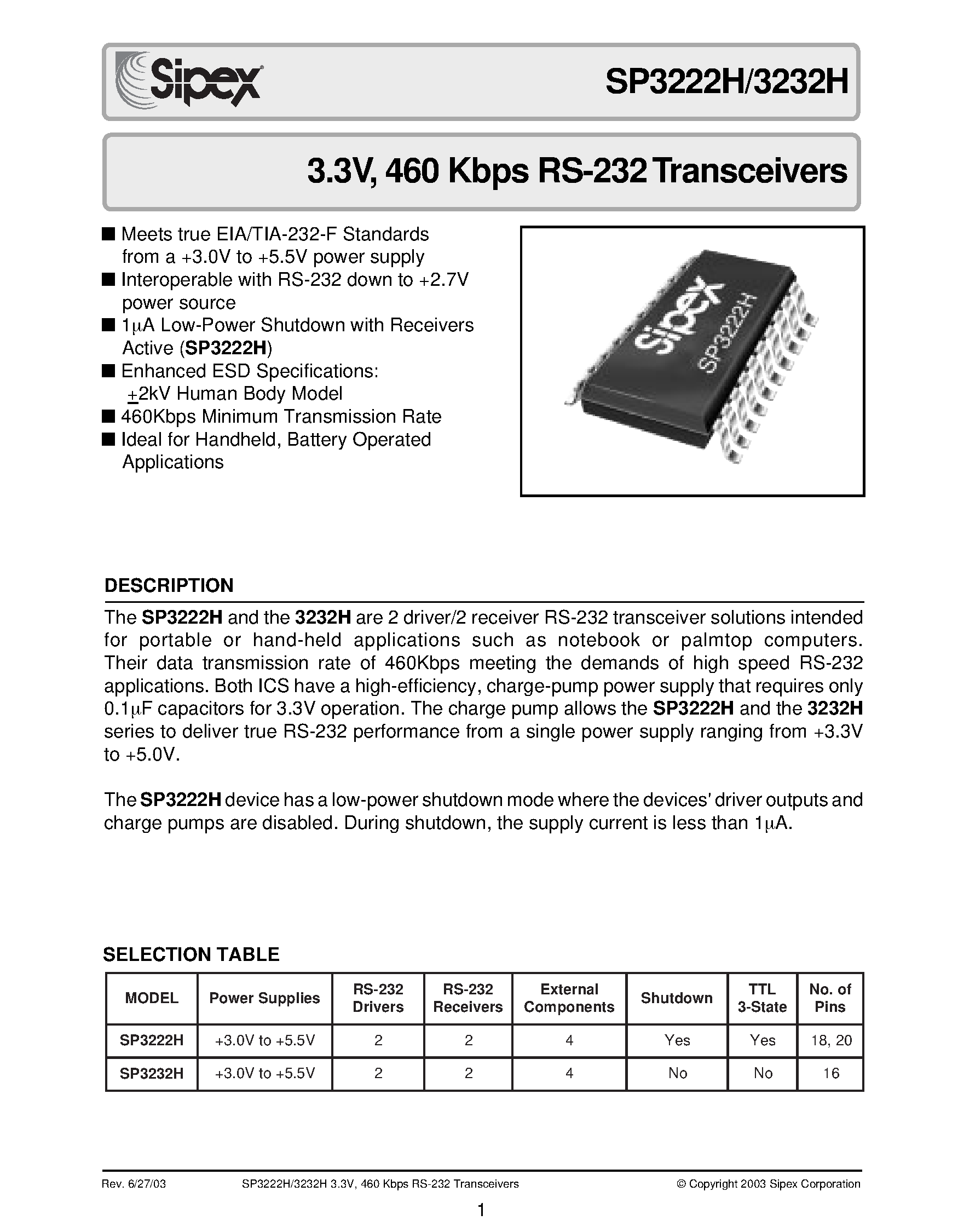 Datasheet SP3222H - 3.3V / 460 Kbps RS-232 Transceivers page 1
