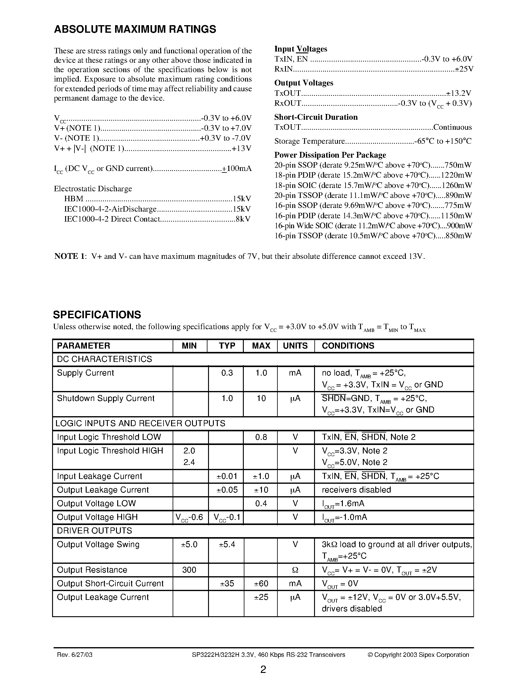 Datasheet SP3222H - 3.3V / 460 Kbps RS-232 Transceivers page 2