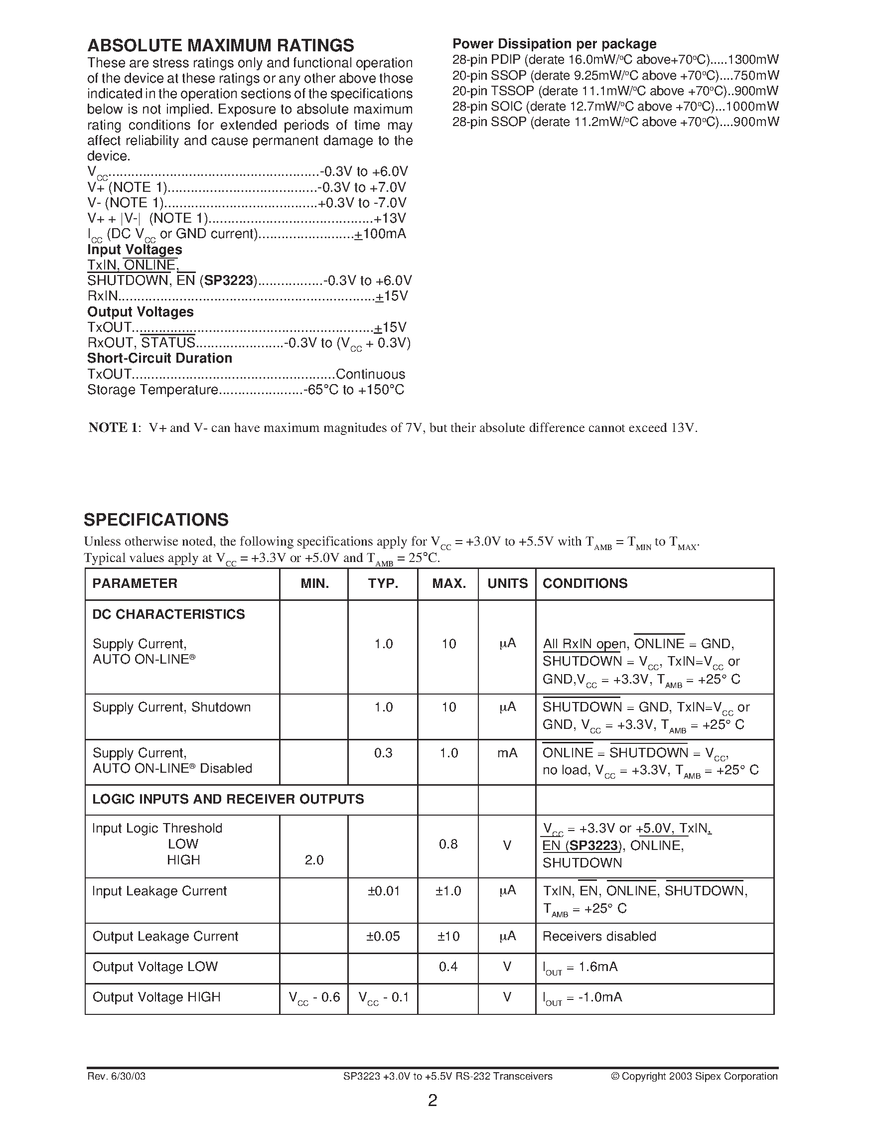 Datasheet SP3223 page 2 Datasheet SP3223 - Intelligent +3.0V to +5.5V RS-232 Transceivers page 2