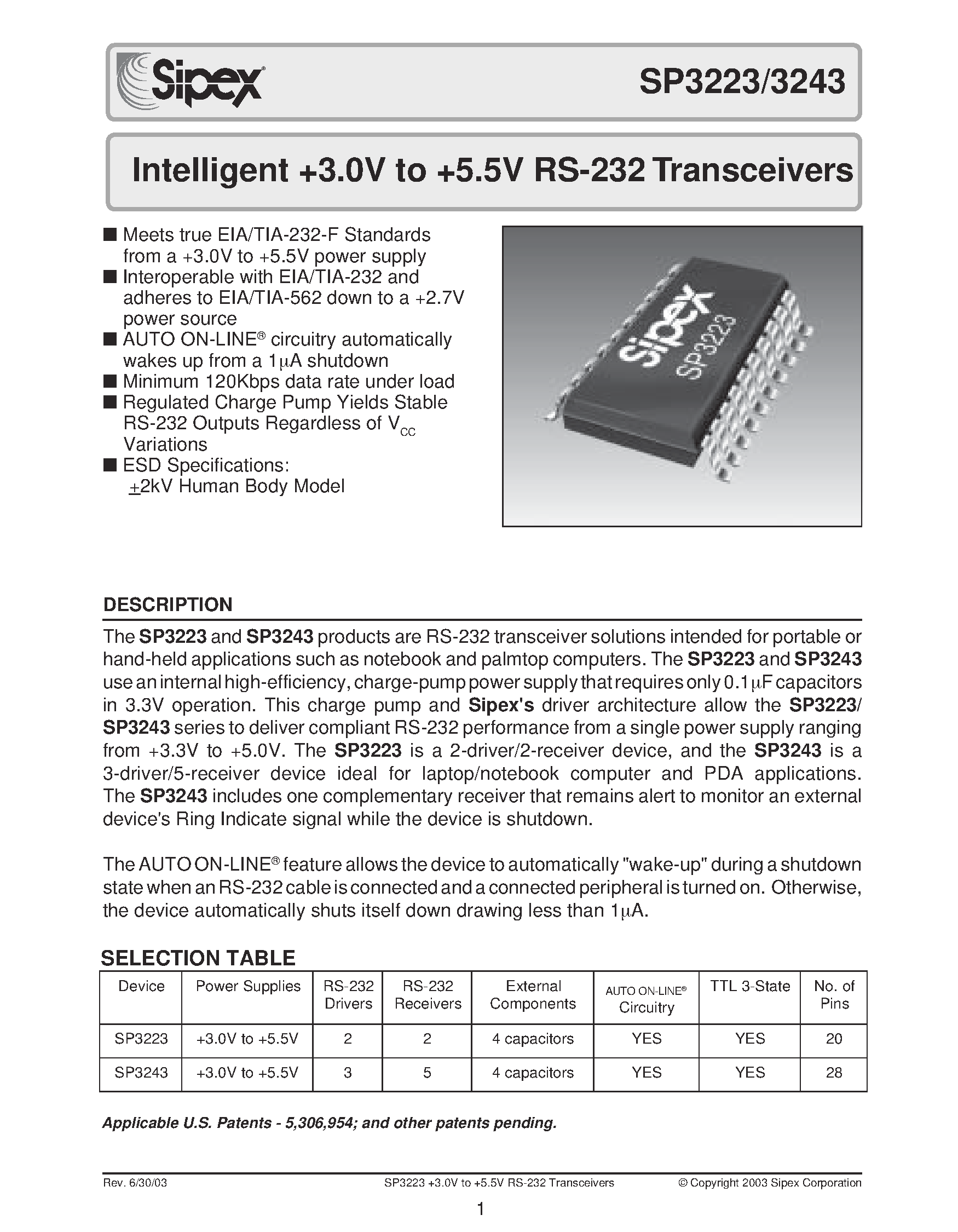 Datasheet SP3223EA - Intelligent +3.0V to +5.5V RS-232 Transceivers page 1