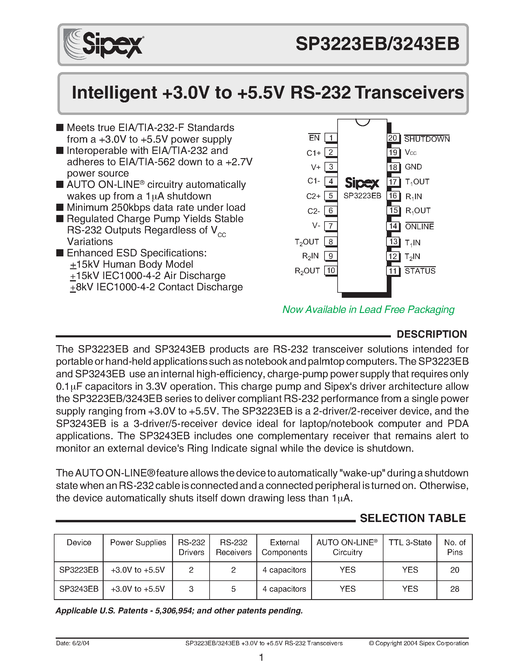 Datasheet SP3223EB - Intelligent +3.0V to +5.5V RS-232 Transceivers page 1