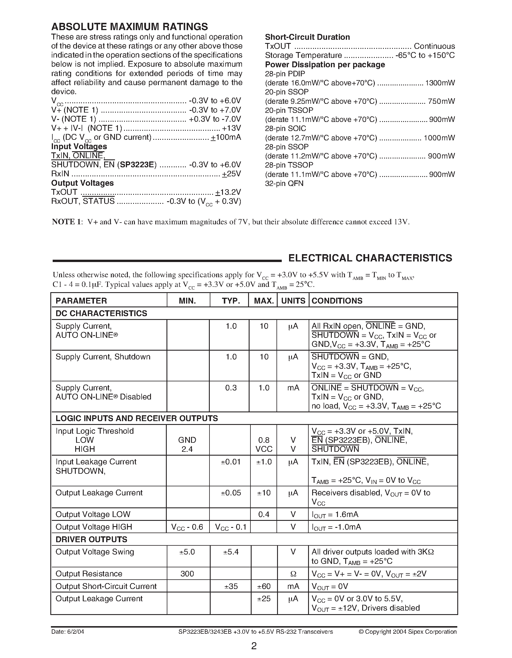 Datasheet SP3223EB - Intelligent +3.0V to +5.5V RS-232 Transceivers page 2