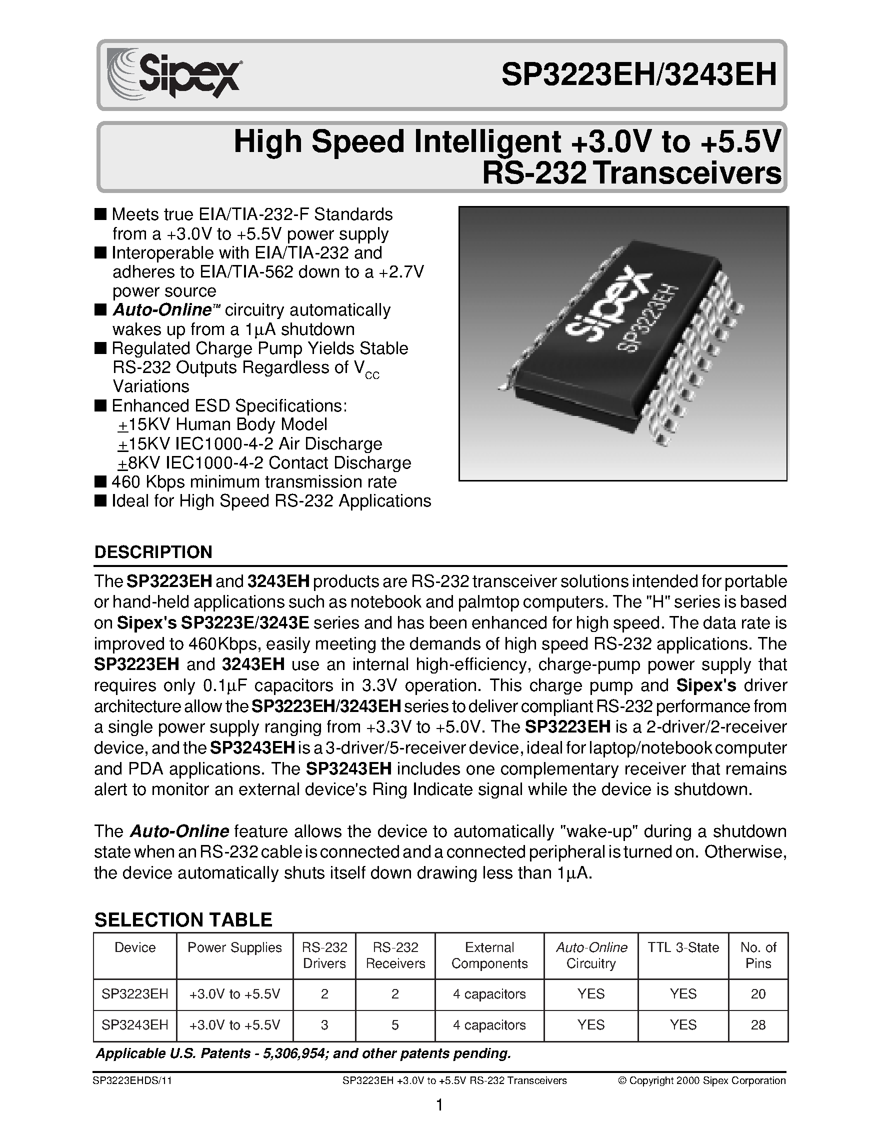 Datasheet SP3223EH page 1 Datasheet SP3223EH - High Speed Intelligent +3.0V to +5.5V RS-232 Transceivers page 1
