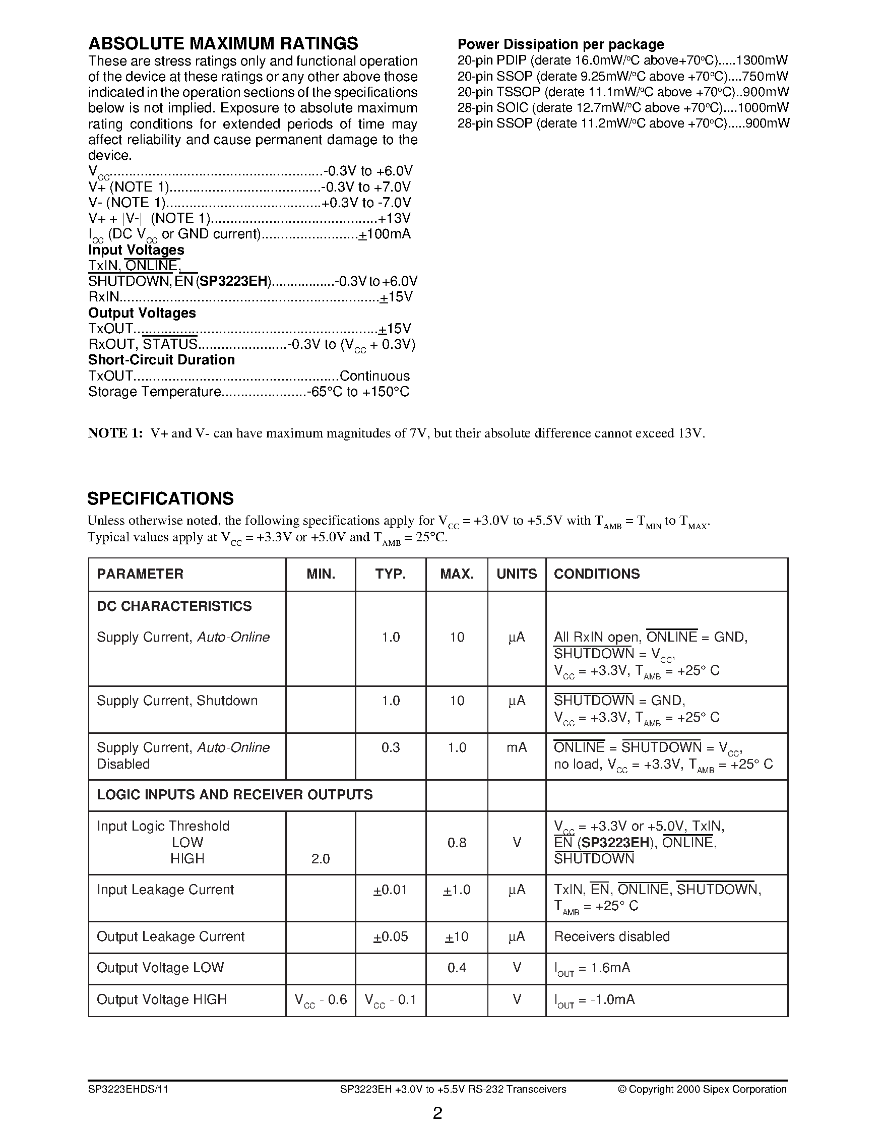 Datasheet SP3223EH page 2 Datasheet SP3223EH - High Speed Intelligent +3.0V to +5.5V RS-232 Transceivers page 2