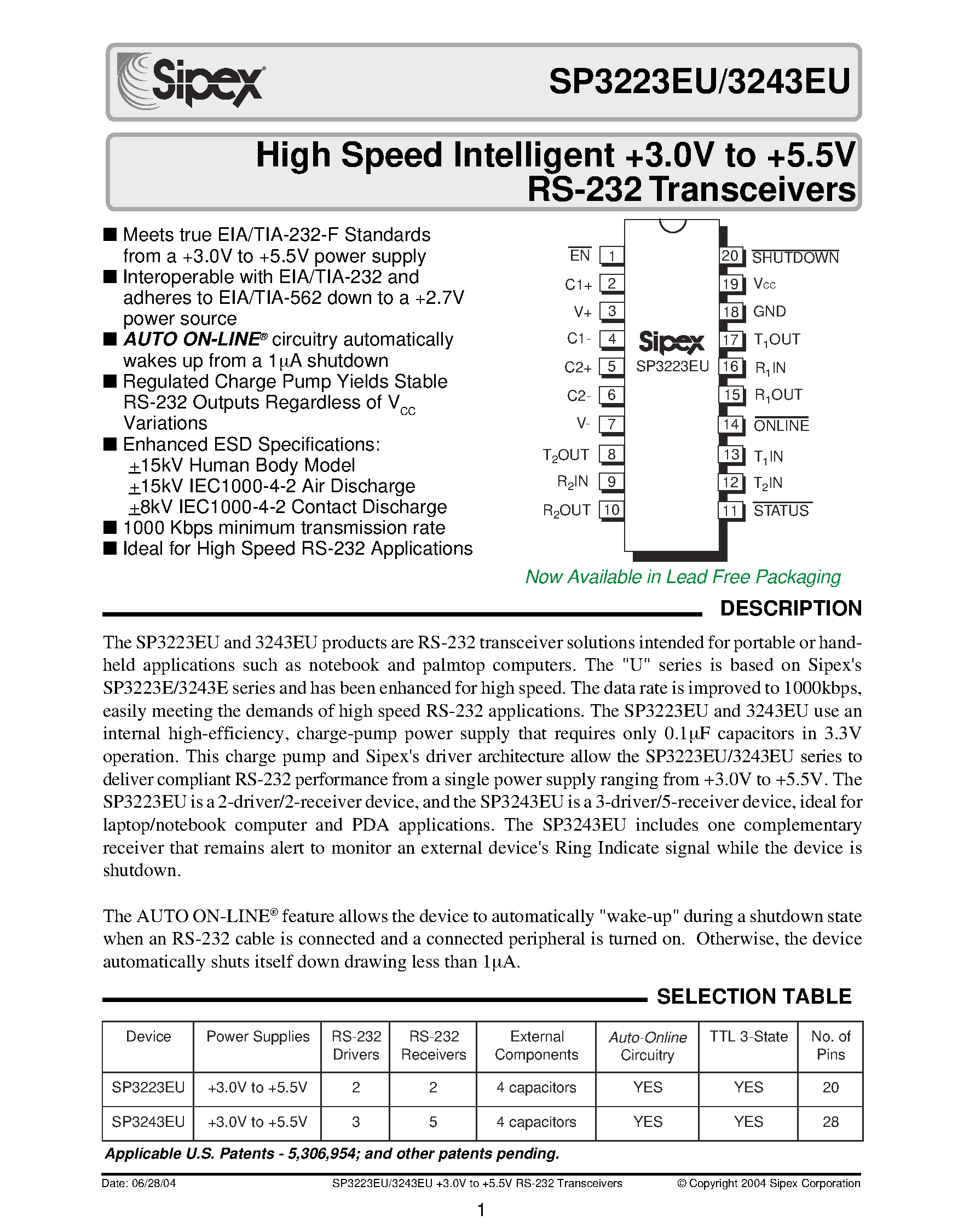 Datasheet SP3223EU - High Speed Intelligent +3.0V to +5.5V RS-232 Transceivers page 1