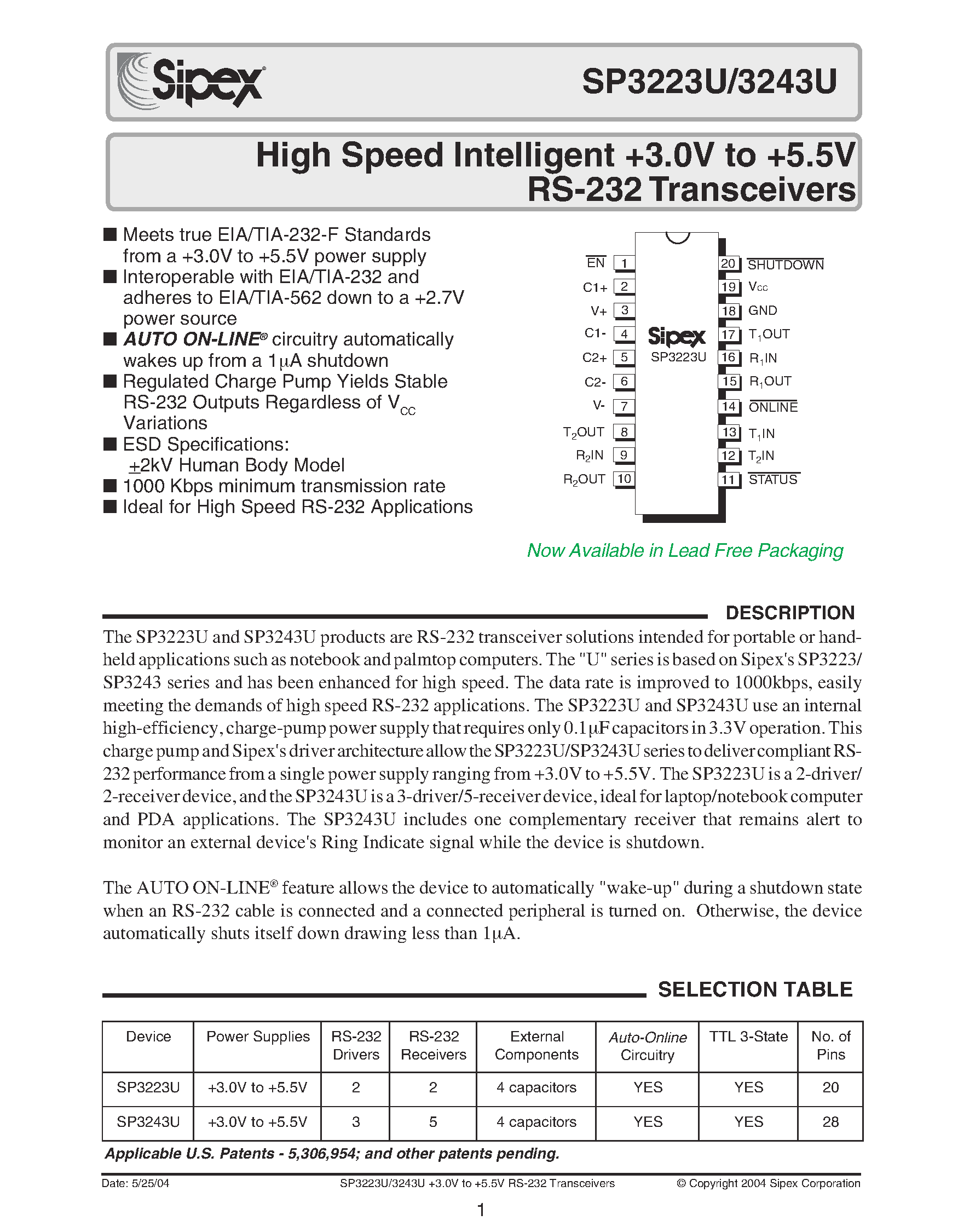 Datasheet SP3223U page 1 Datasheet SP3223U - High Speed Intelligent +3.0V to +5.5V RS-232 Transceivers page 1