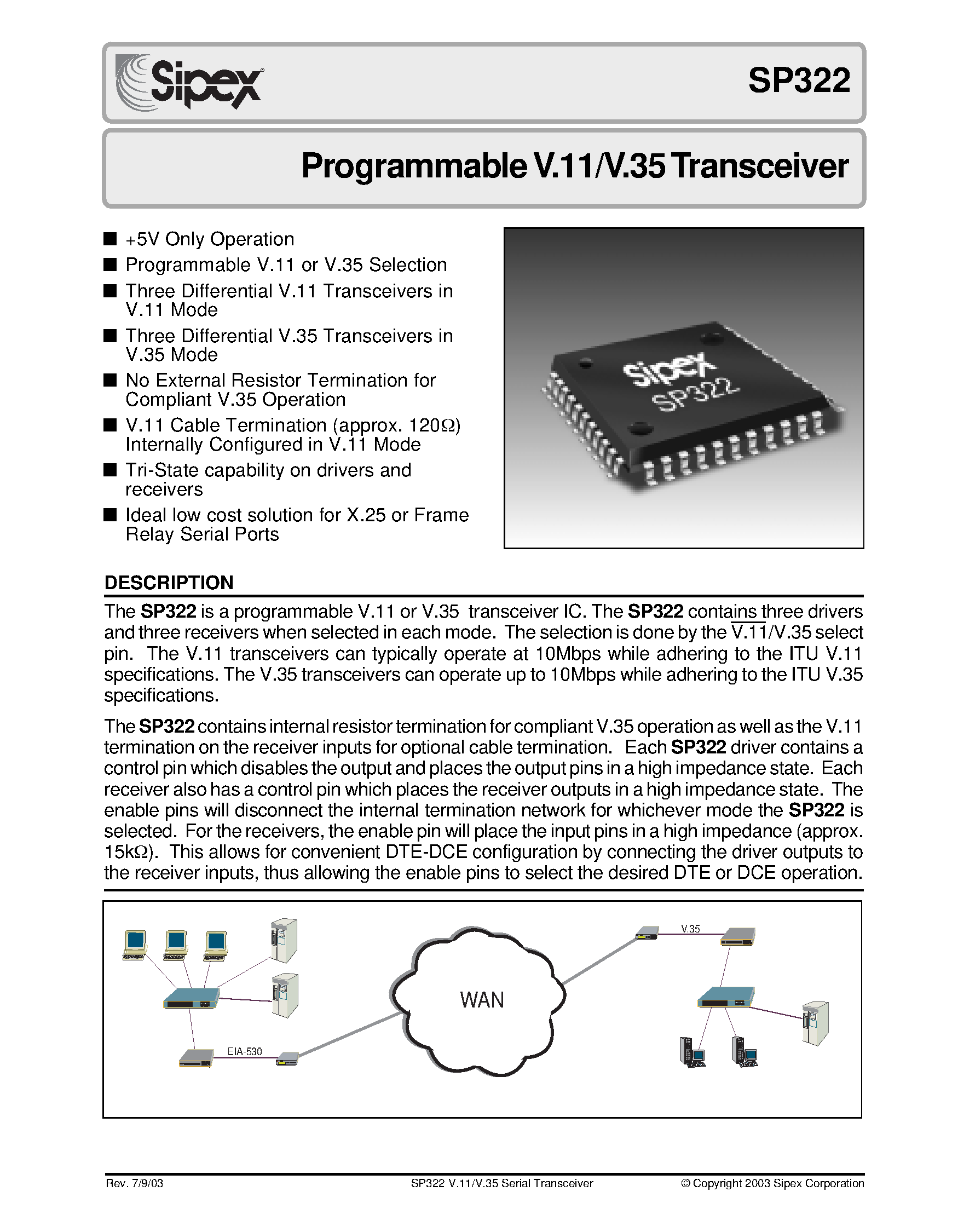 Datasheet SP322CF - Programmable V.11/V.35 Transceiver page 1