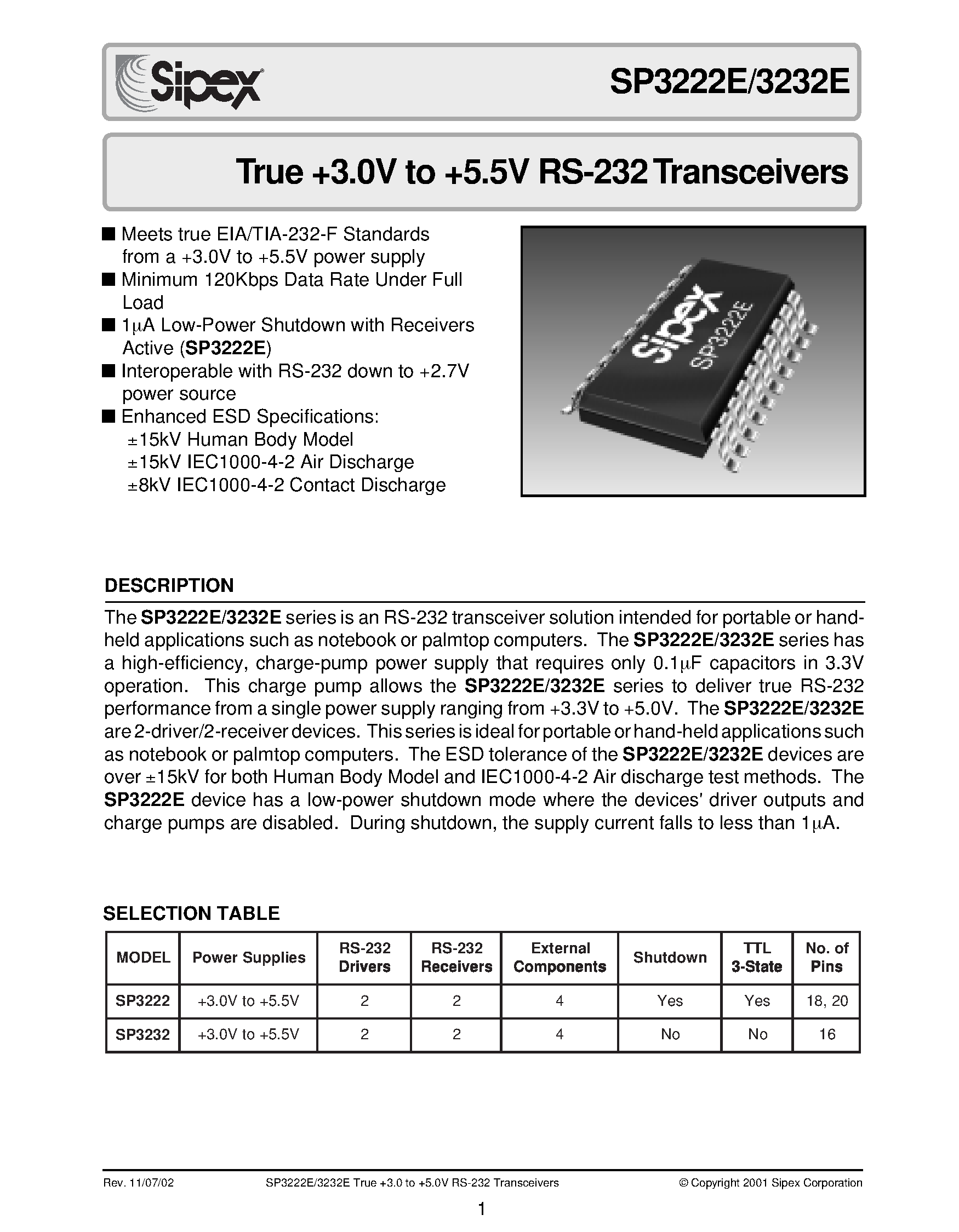 Datasheet SP3232 - 3.3V / 1000 Kbps RS-232 Transceivers page 1