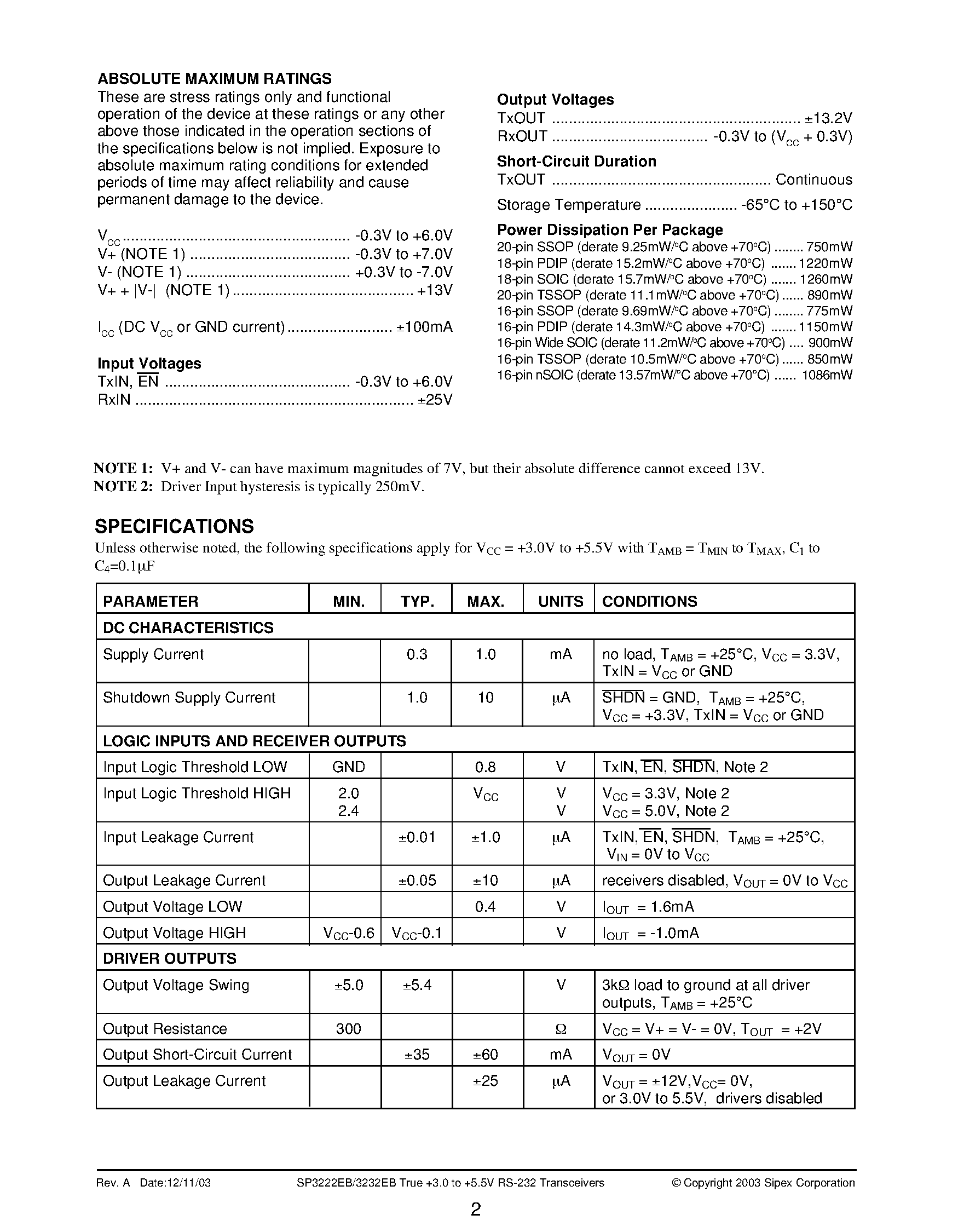Datasheet SP3232EB - True +3.0V to +5.5V RS-232 Transceivers page 2