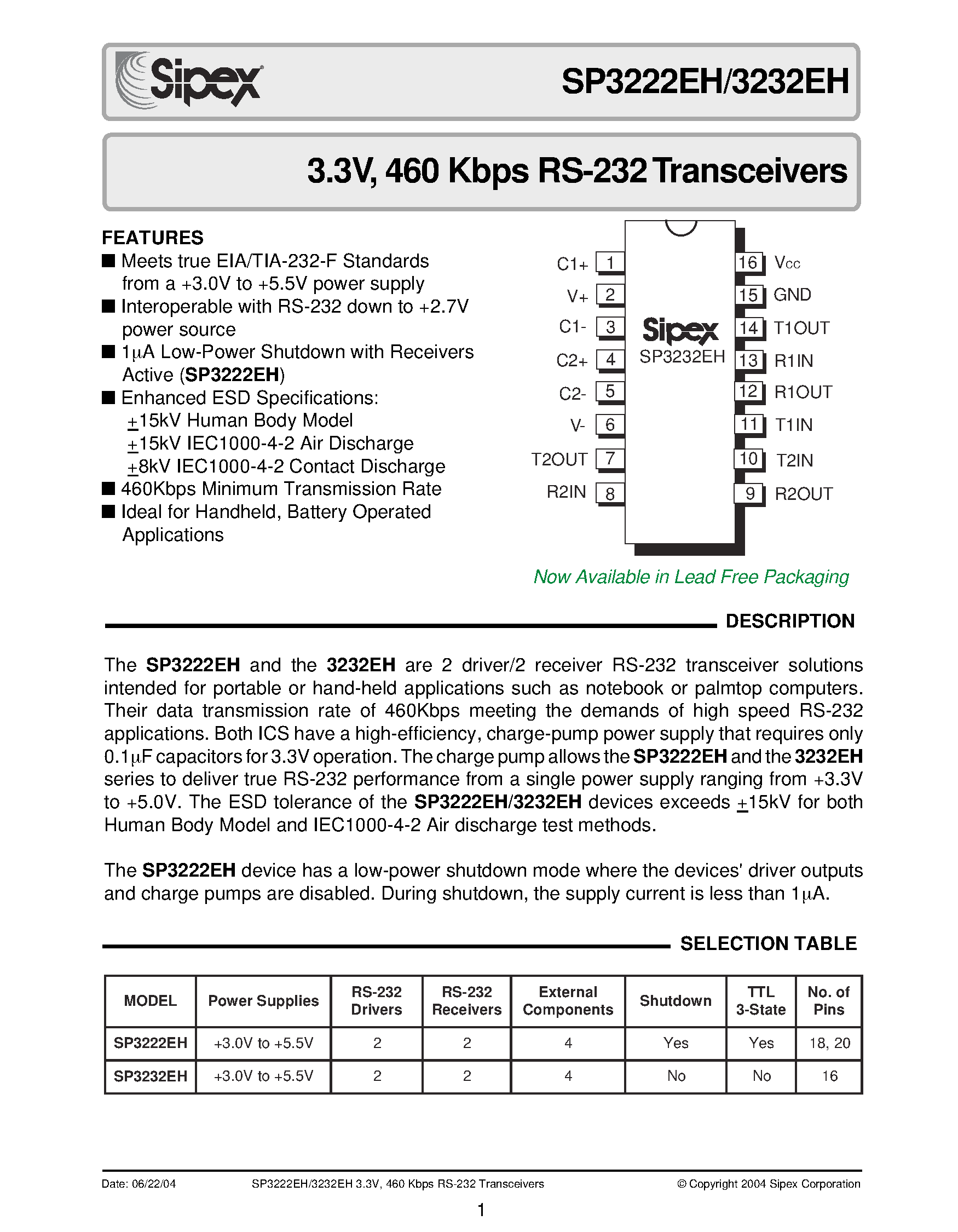 Datasheet SP3232EH - 3.3V / 460 Kbps RS-232 Transceivers page 1