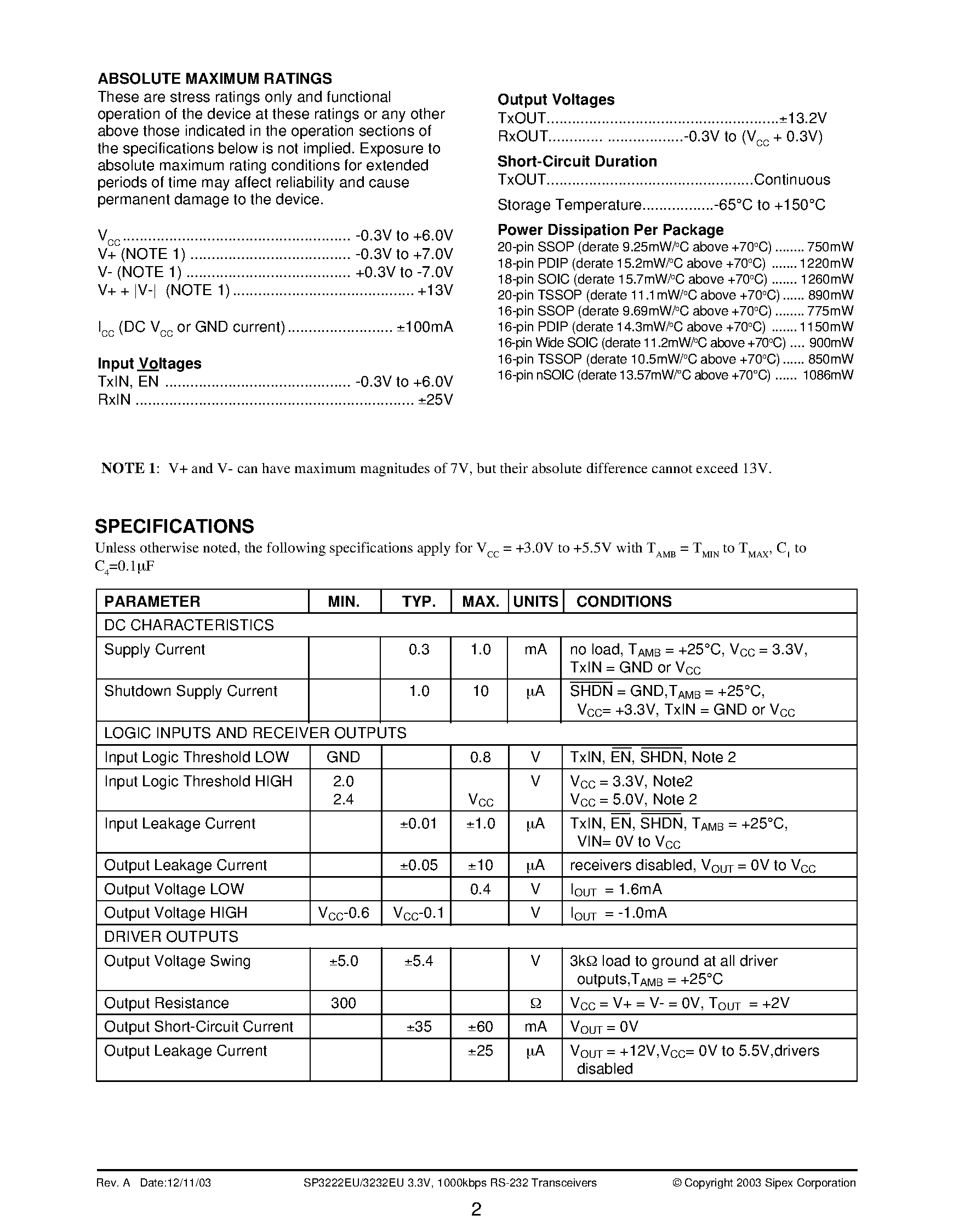 Datasheet SP3232EU - 3.3V / 1000 Kbps RS-232 Transceivers page 2