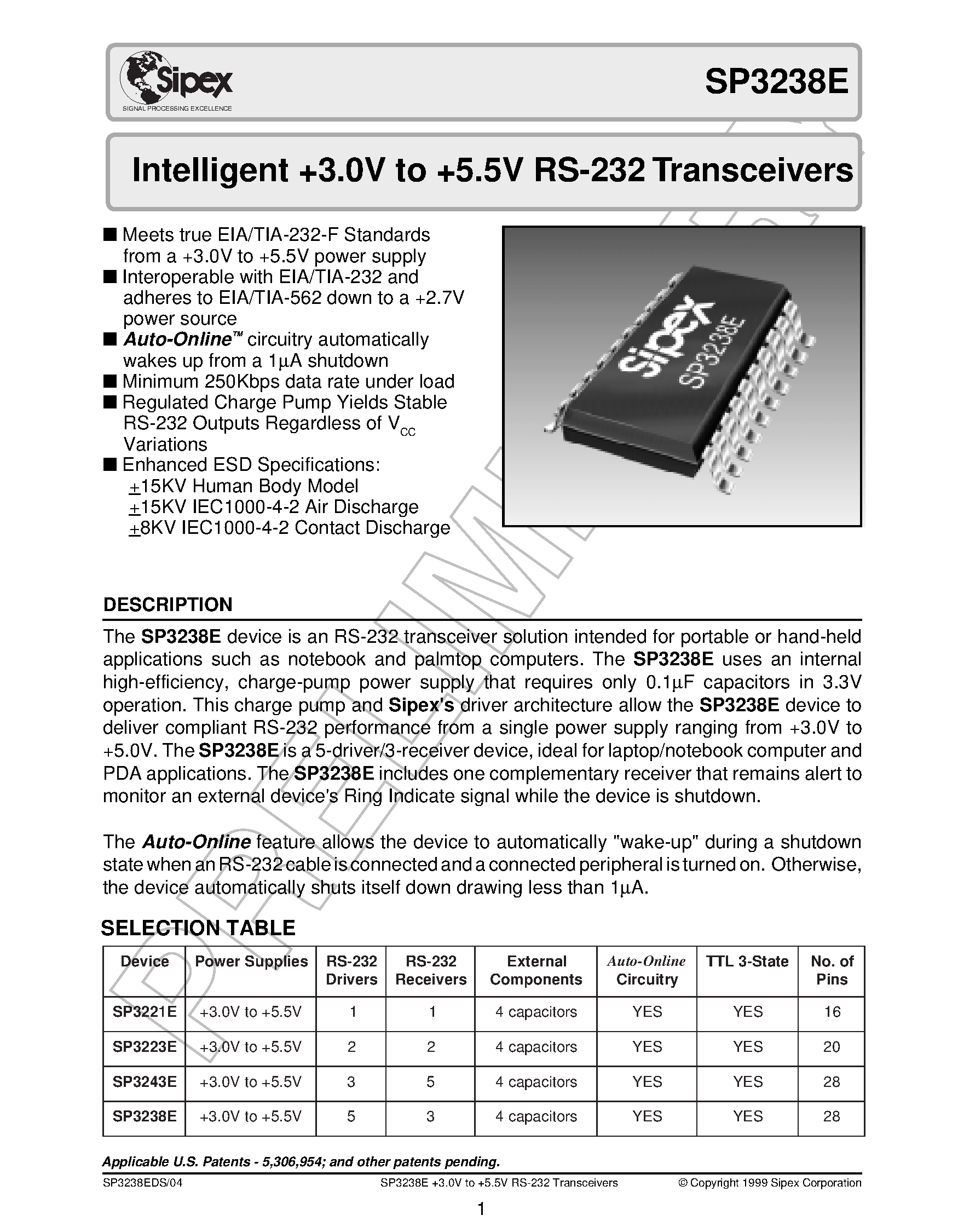 Datasheet SP3238E page 1 Datasheet SP3238E - Intelligent +3.0V to +5.5V RS-232 Transceivers page 1
