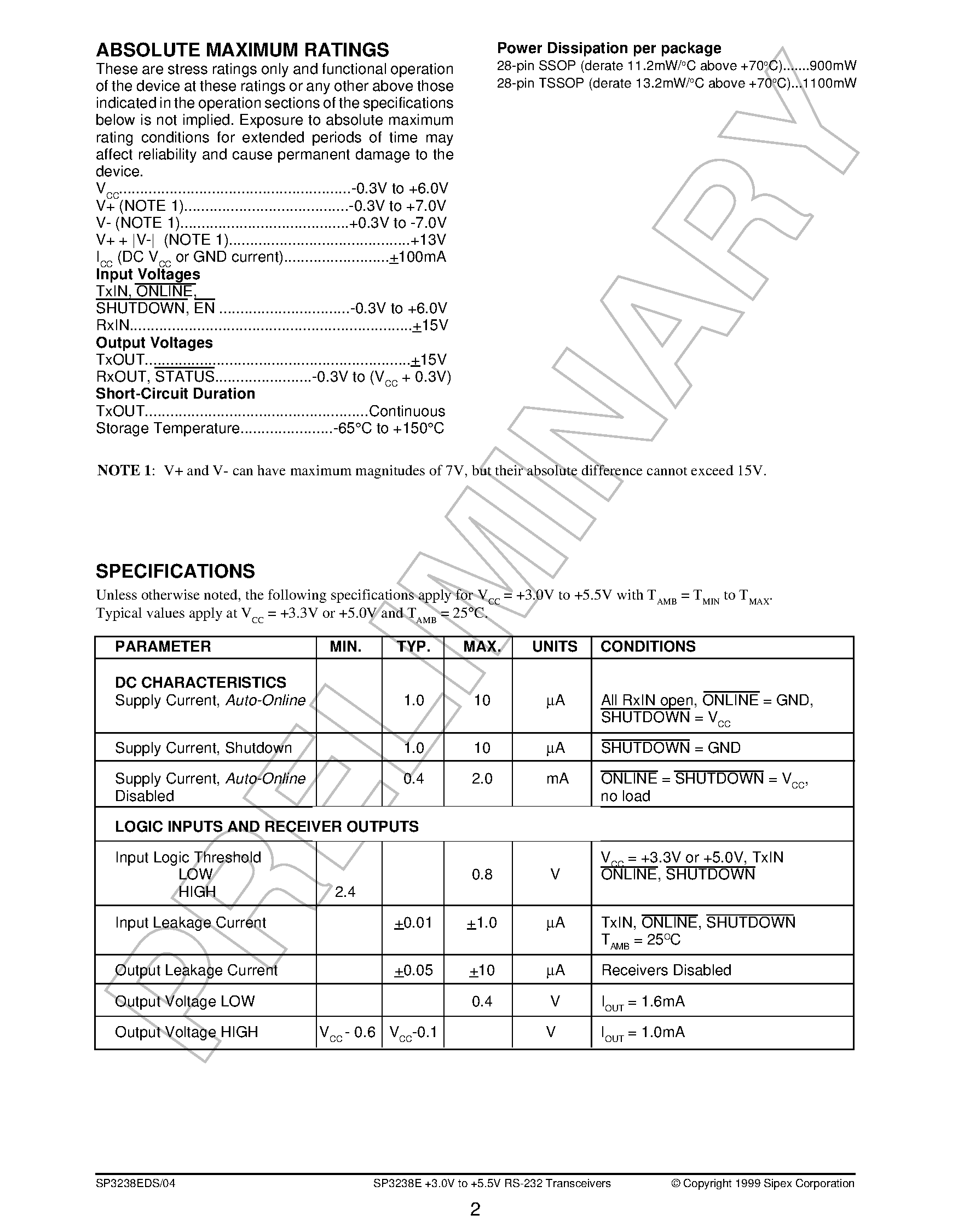 Datasheet SP3238E page 2 Datasheet SP3238E - Intelligent +3.0V to +5.5V RS-232 Transceivers page 2