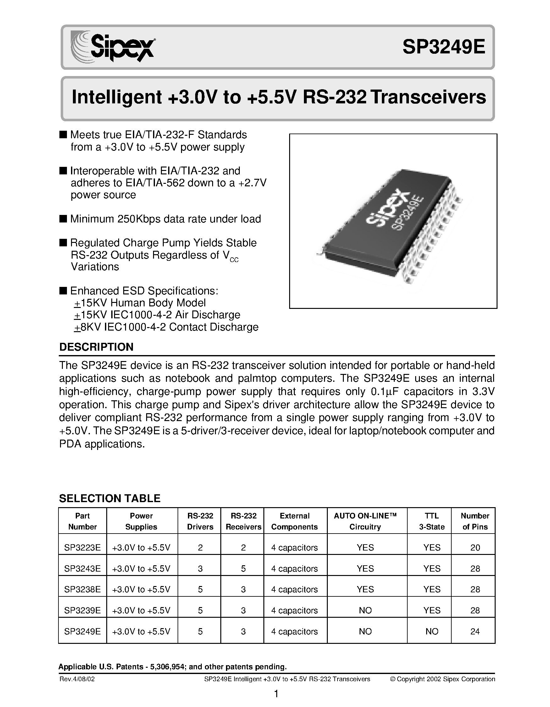 Datasheet SP3239E - Intelligent +3.0V to +5.5V RS-232 Transceivers page 1