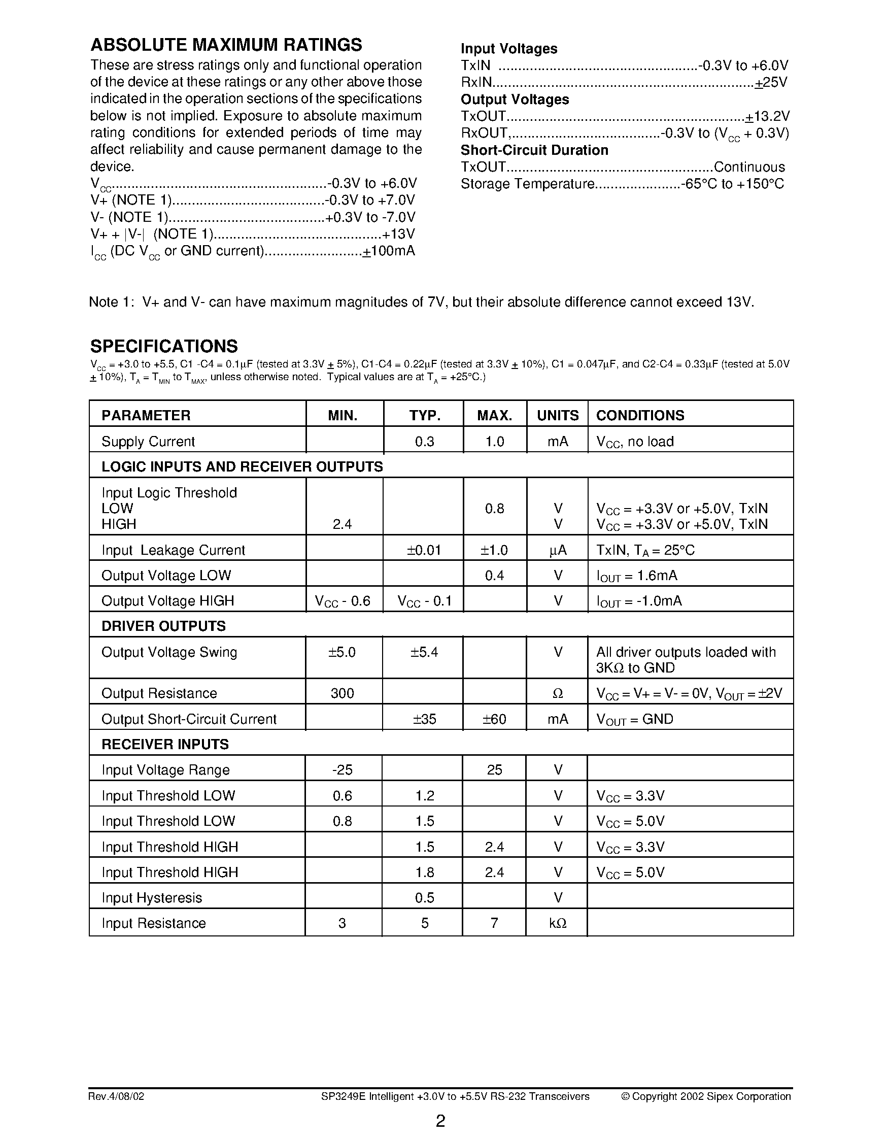 Datasheet SP3239E - Intelligent +3.0V to +5.5V RS-232 Transceivers page 2