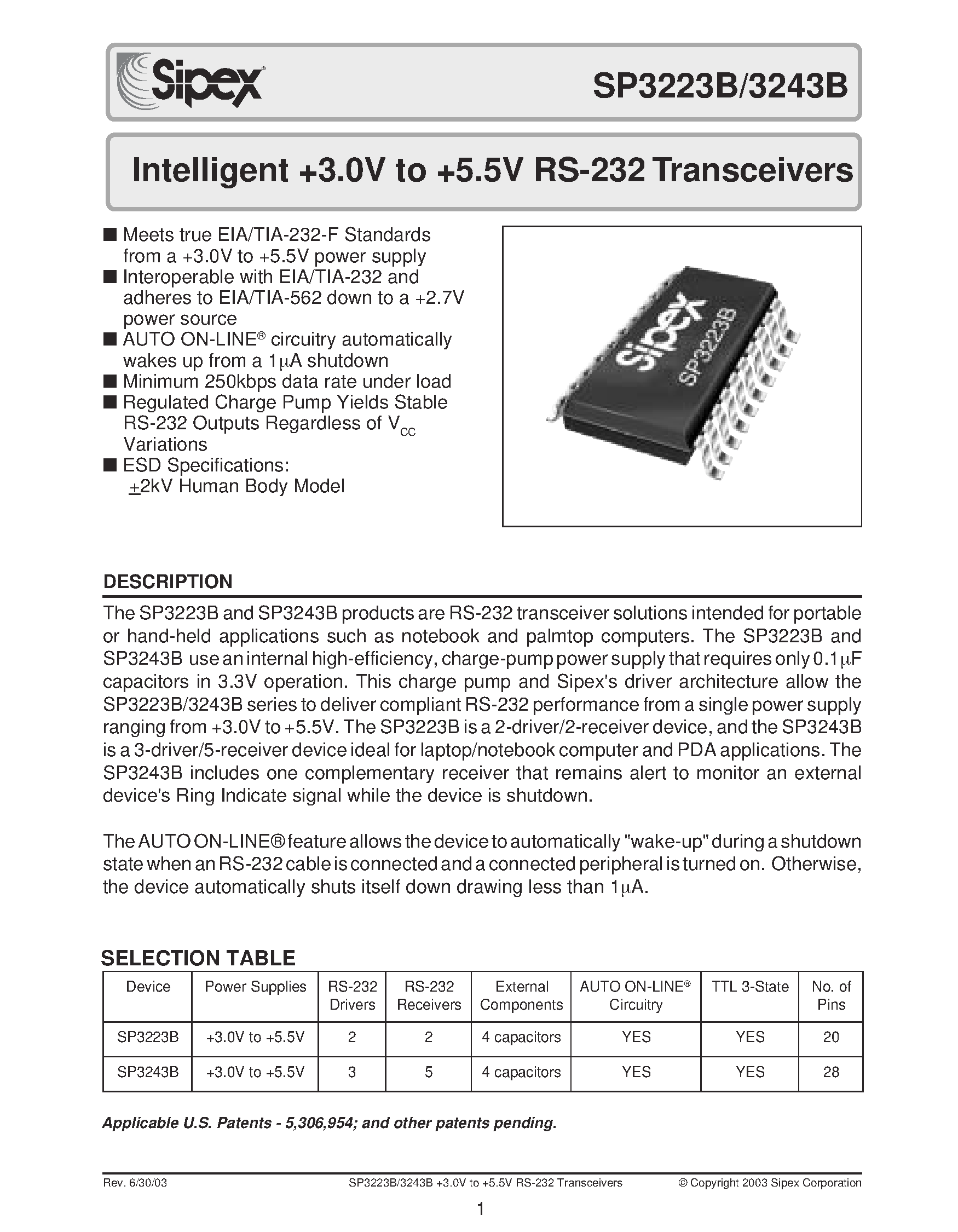 Datasheet SP3243B - Intelligent +3.0V to +5.5V RS-232 Transceivers page 1
