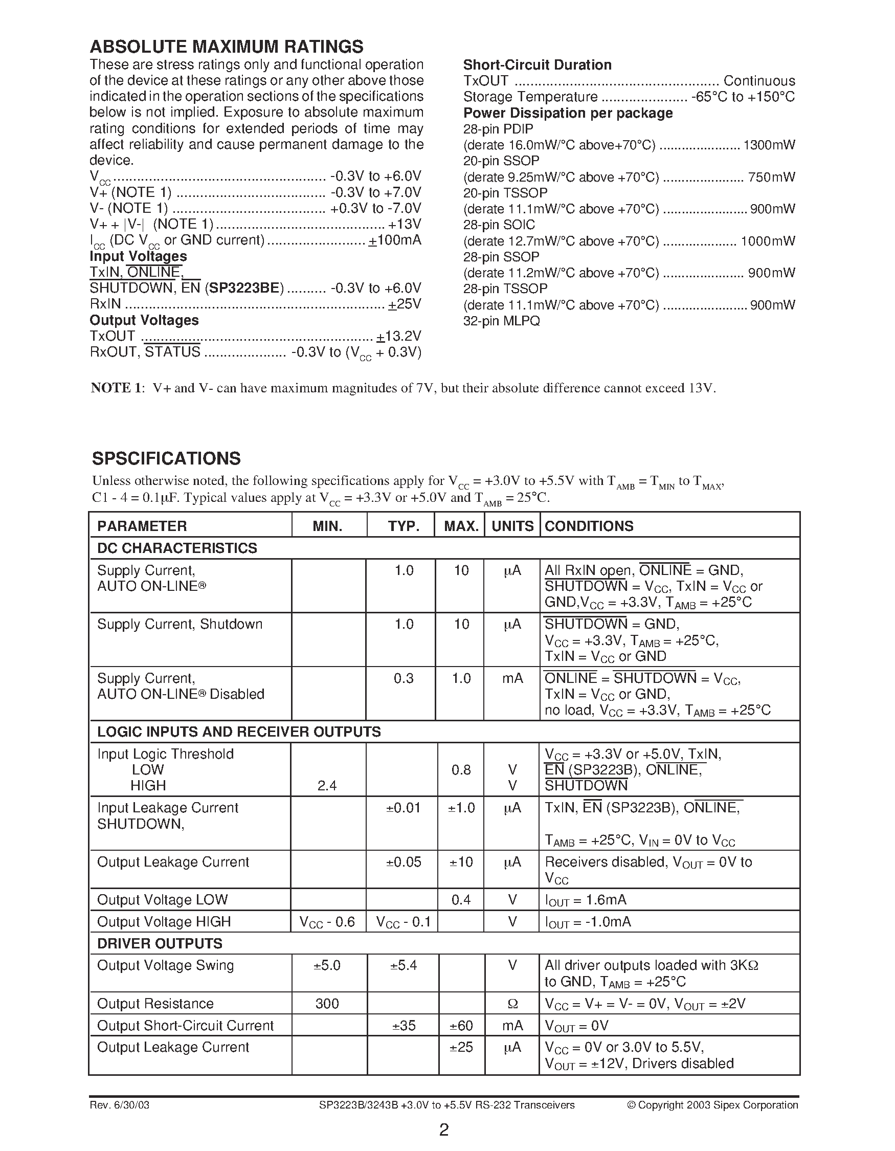 Datasheet SP3243B - Intelligent +3.0V to +5.5V RS-232 Transceivers page 2