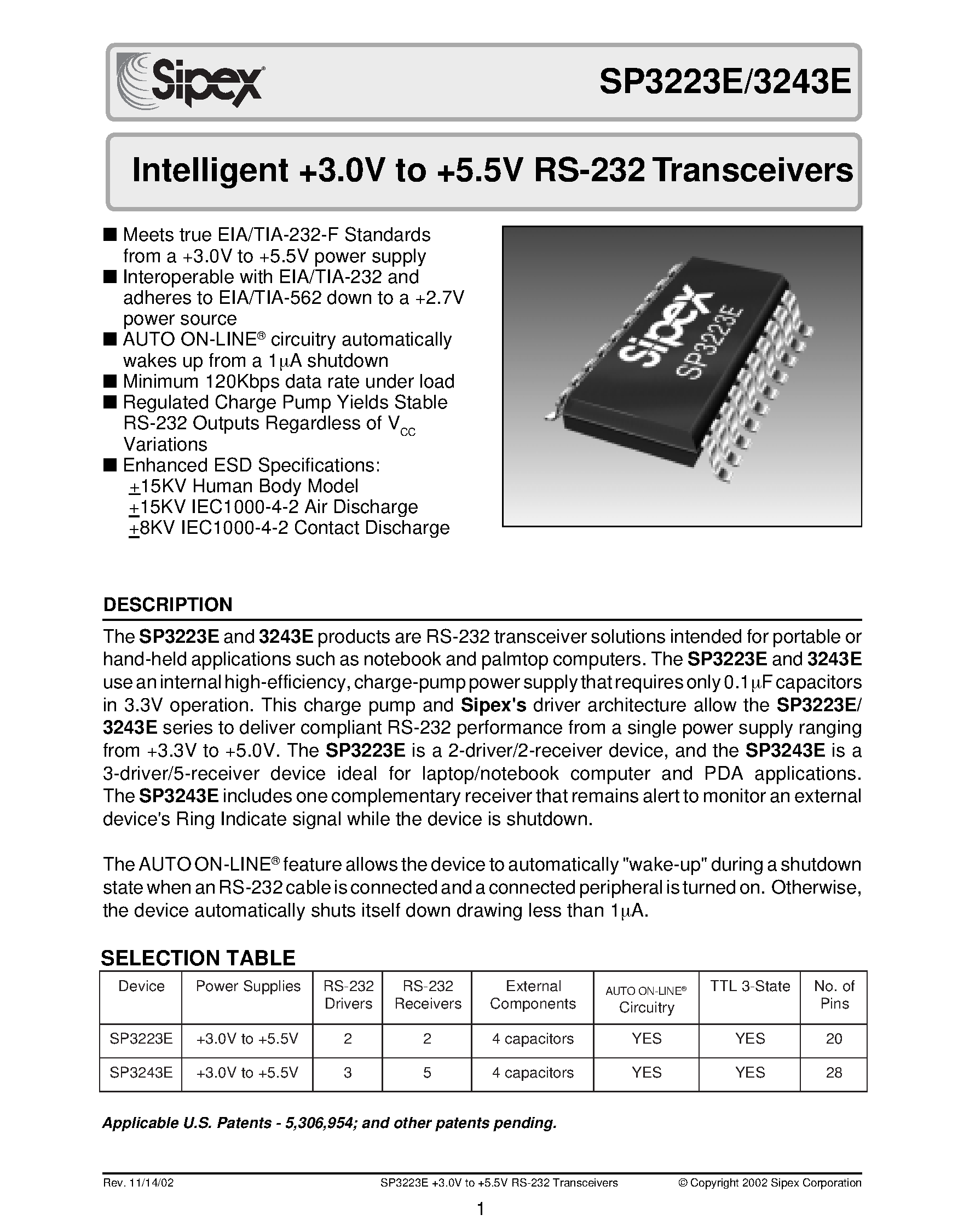 Datasheet SP3243E - Intelligent +3.0V to +5.5V RS-232 Transceivers page 1