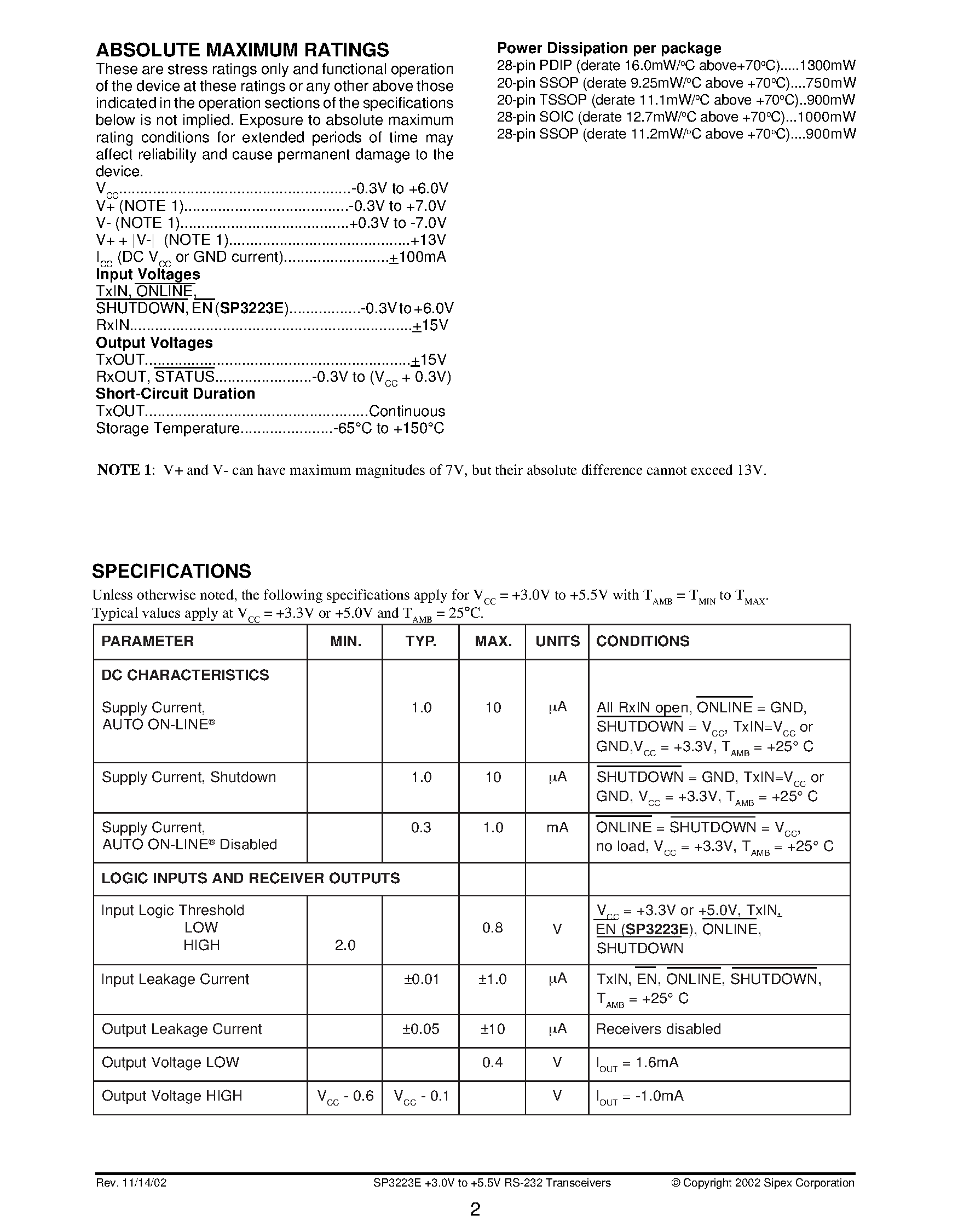 Datasheet SP3243E - Intelligent +3.0V to +5.5V RS-232 Transceivers page 2