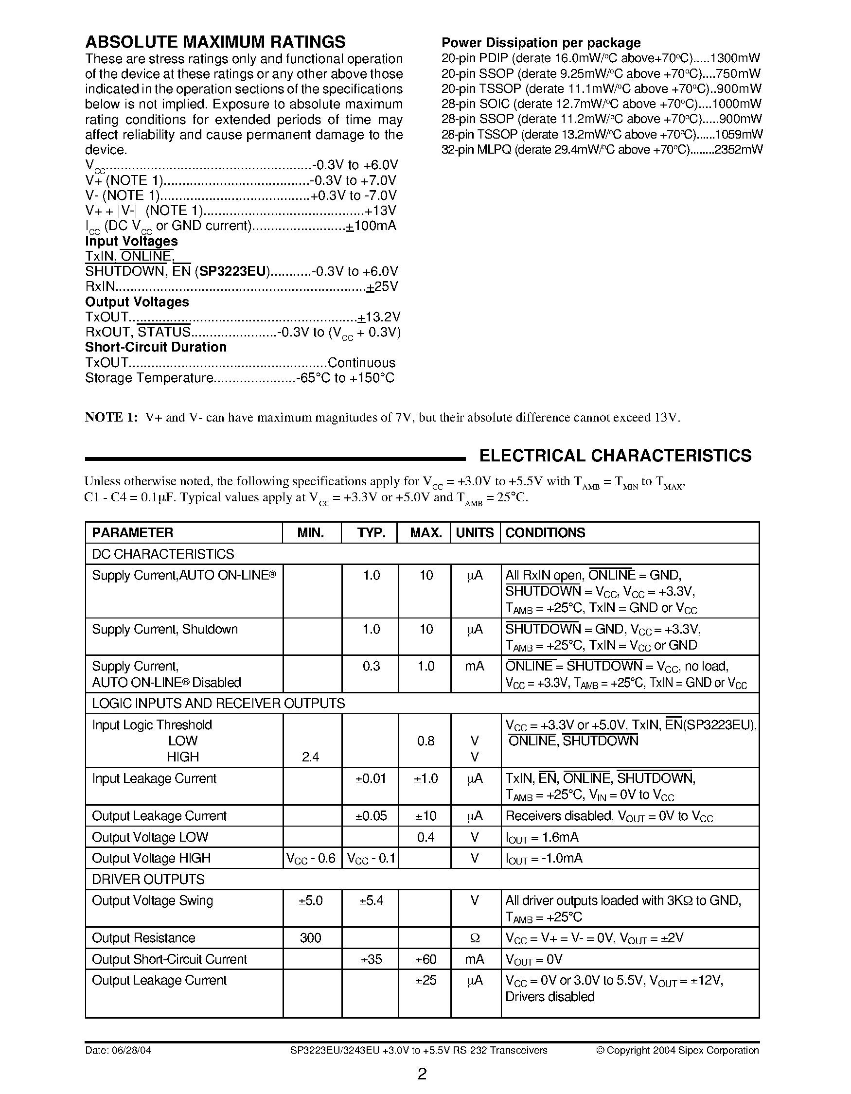 Datasheet SP3243EU - High Speed Intelligent +3.0V to +5.5V RS-232 Transceivers page 2