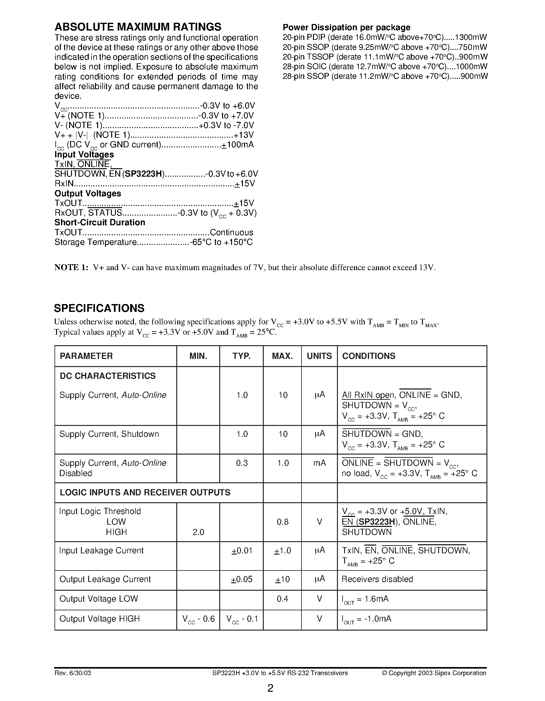 Datasheet SP3243H - High Speed Intelligent +3.0V to +5.5V RS-232 Transceivers page 2