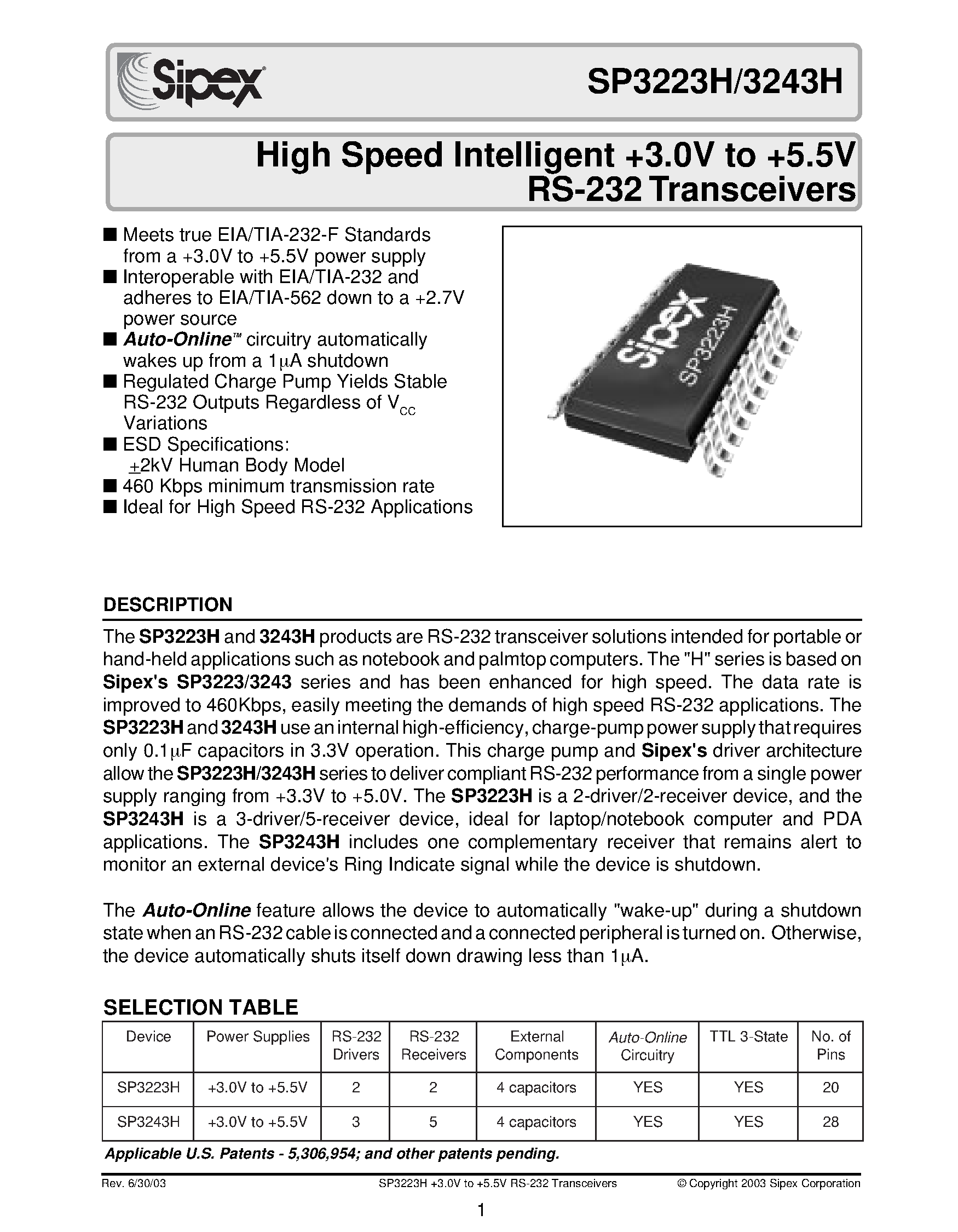 Datasheet SP3243HCT - High Speed Intelligent +3.0V to +5.5V RS-232 Transceivers page 1