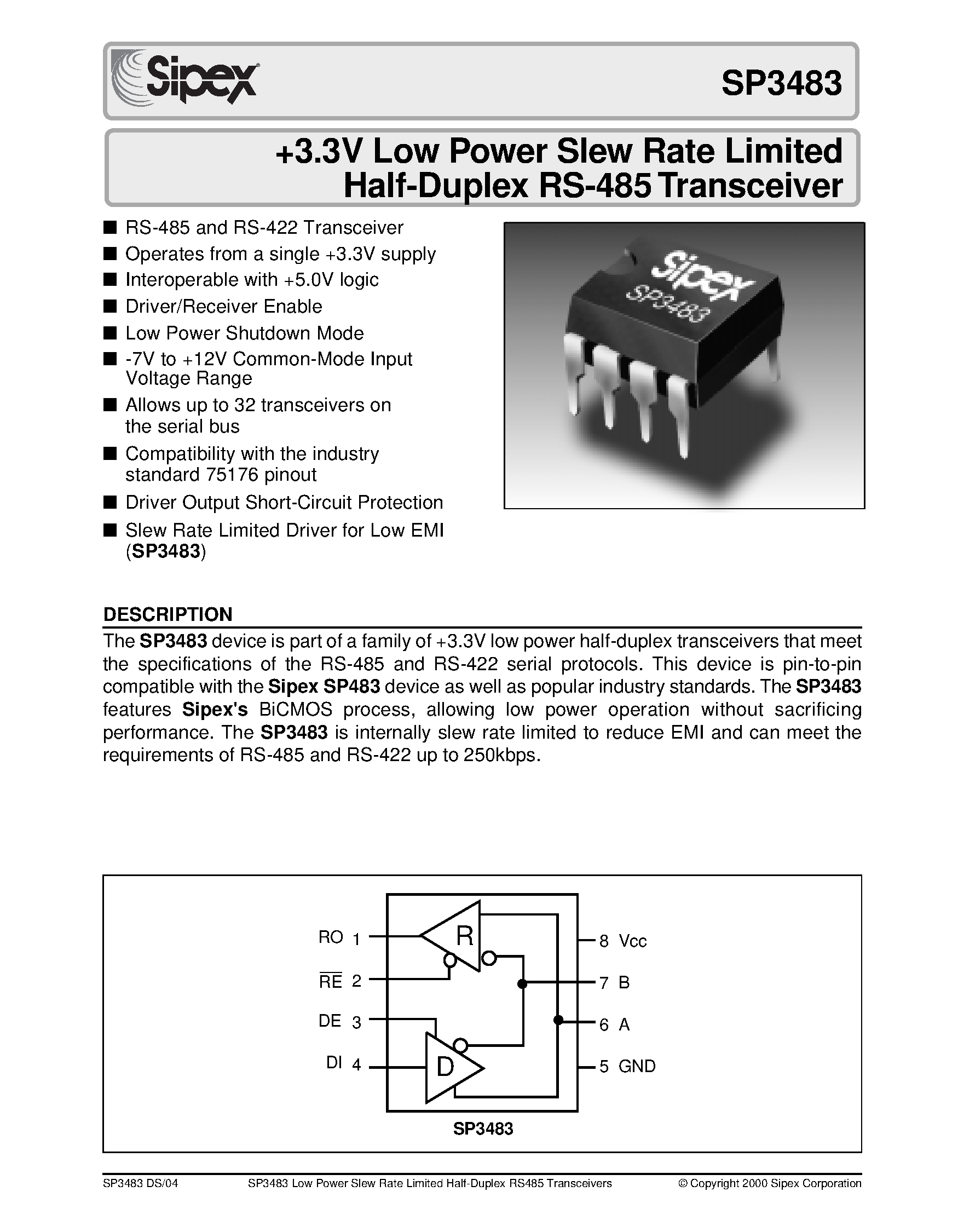 Datasheet SP3483 - +3.3V Low Power Slew Rate Limited Half-Duplex RS-485 Transceiver page 1