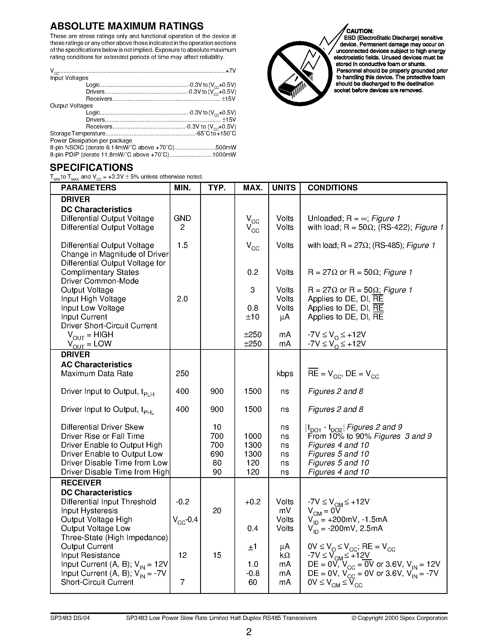 Datasheet SP3483 - +3.3V Low Power Slew Rate Limited Half-Duplex RS-485 Transceiver page 2